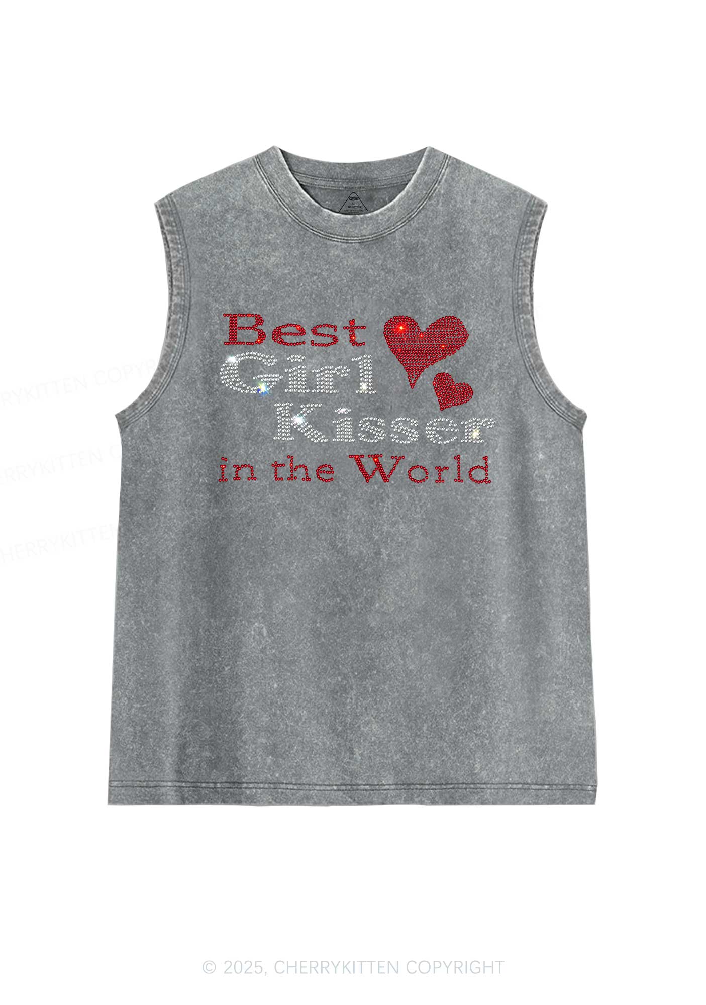 Rhinestone Best Girl Kisser Pride Y2K Washed Muscle Tank Cherrykitten - Image 6