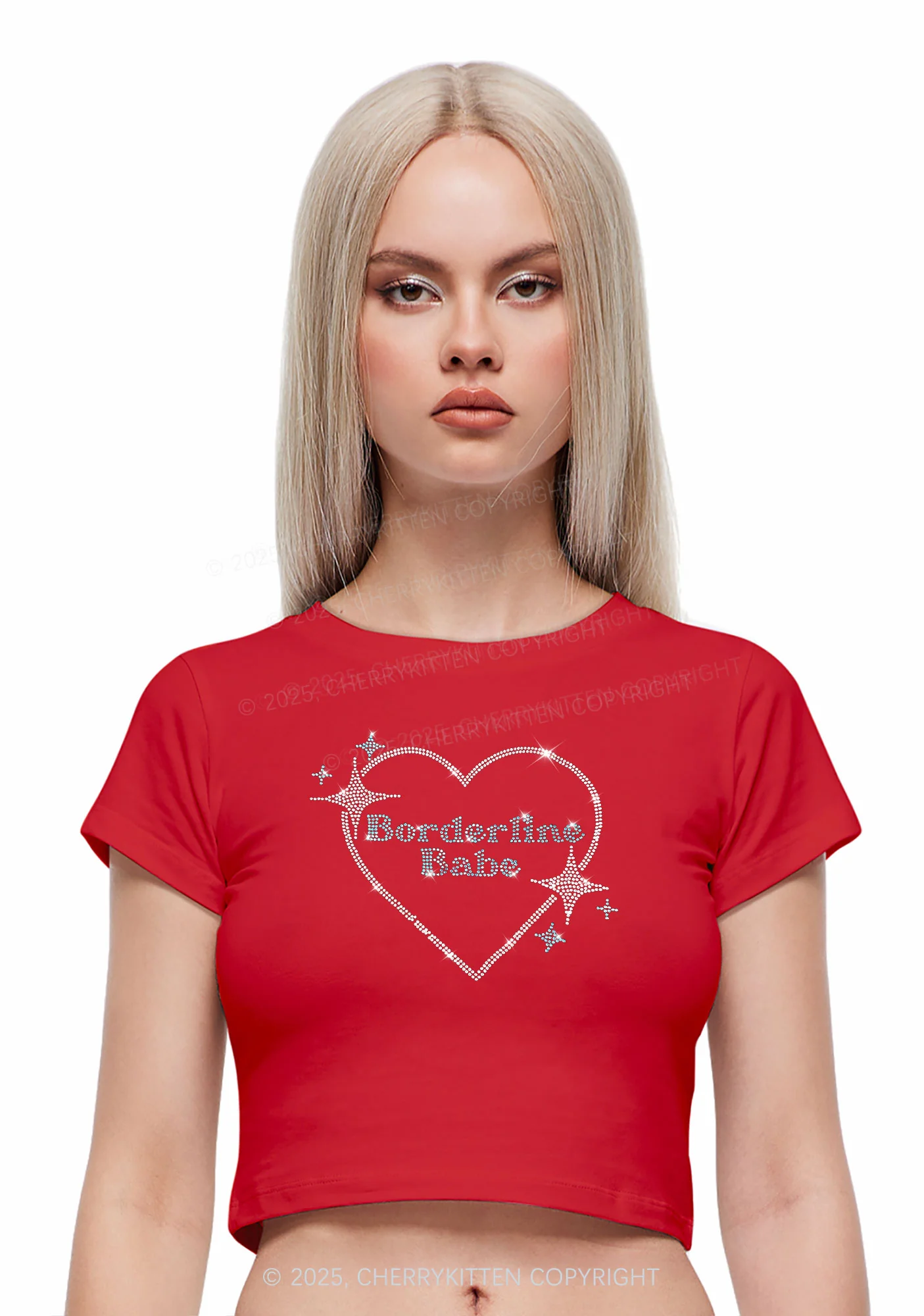 Rhinestone Borderline Personality Babe Y2K Baby Tee Cherrykitten - Image 2
