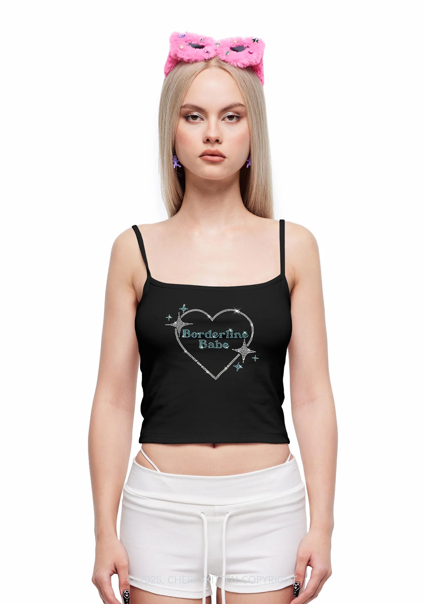 Rhinestone Borderline Personality Babe Y2K Spaghetti Strap Cami Cherrykitten - Image 2