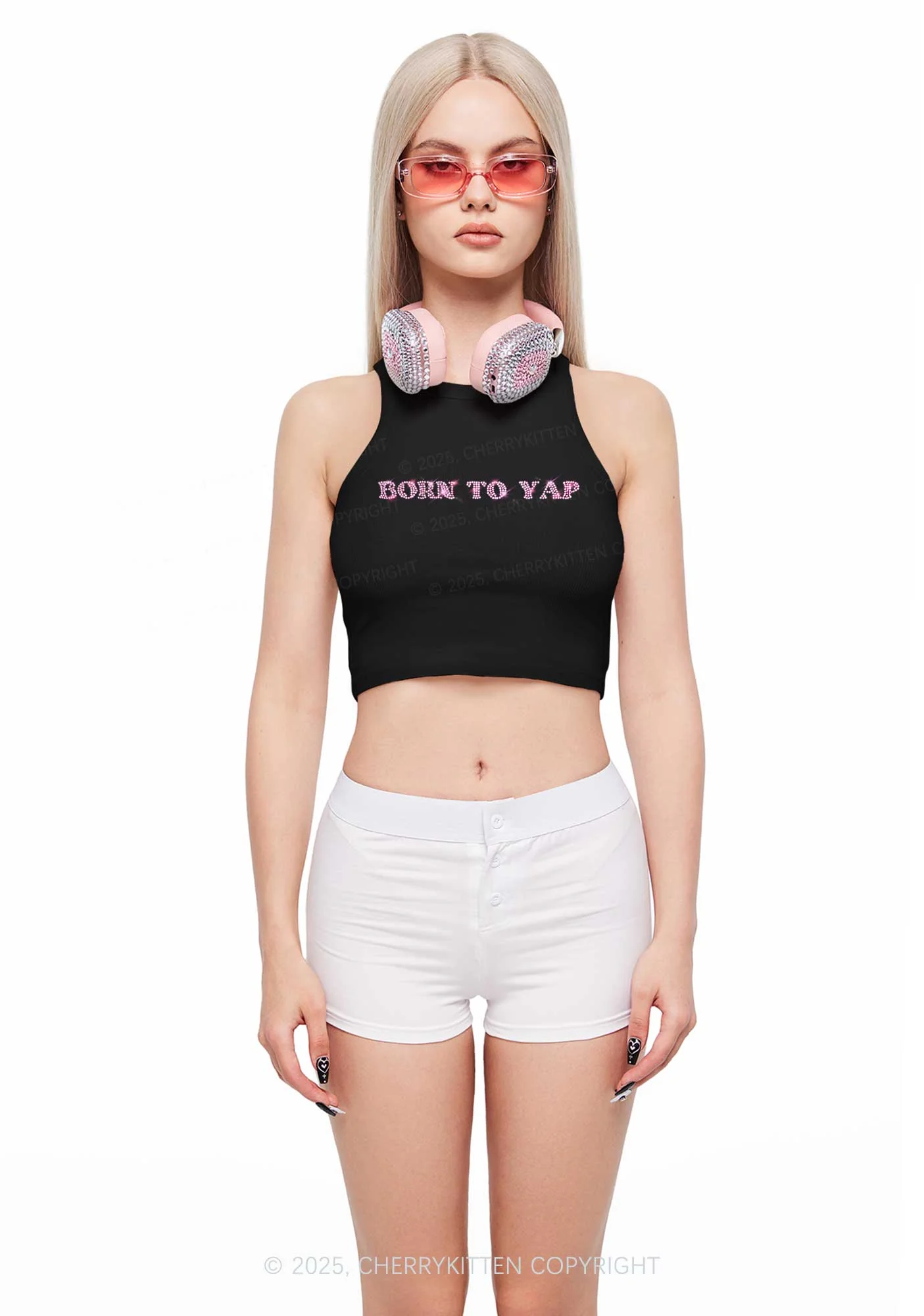 Rhinestone Born To Yap Y2K Crop Tank Top Cherrykitten - Image 2