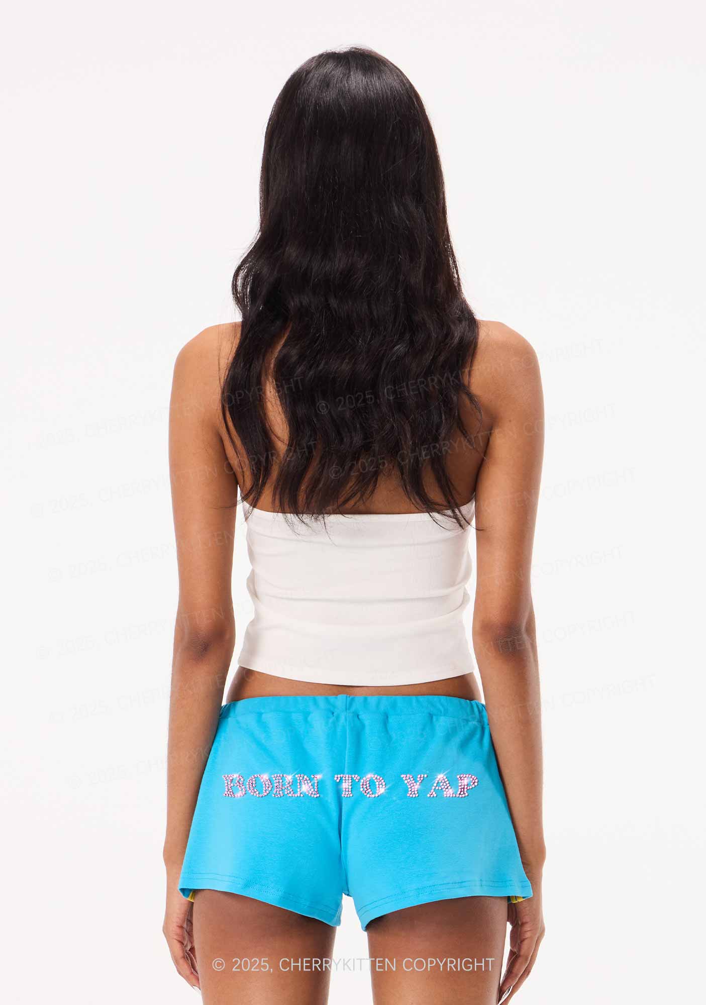 Rhinestone Born To Yap Y2K Drawstring Mini Shorts Cherrykitten - Image 2