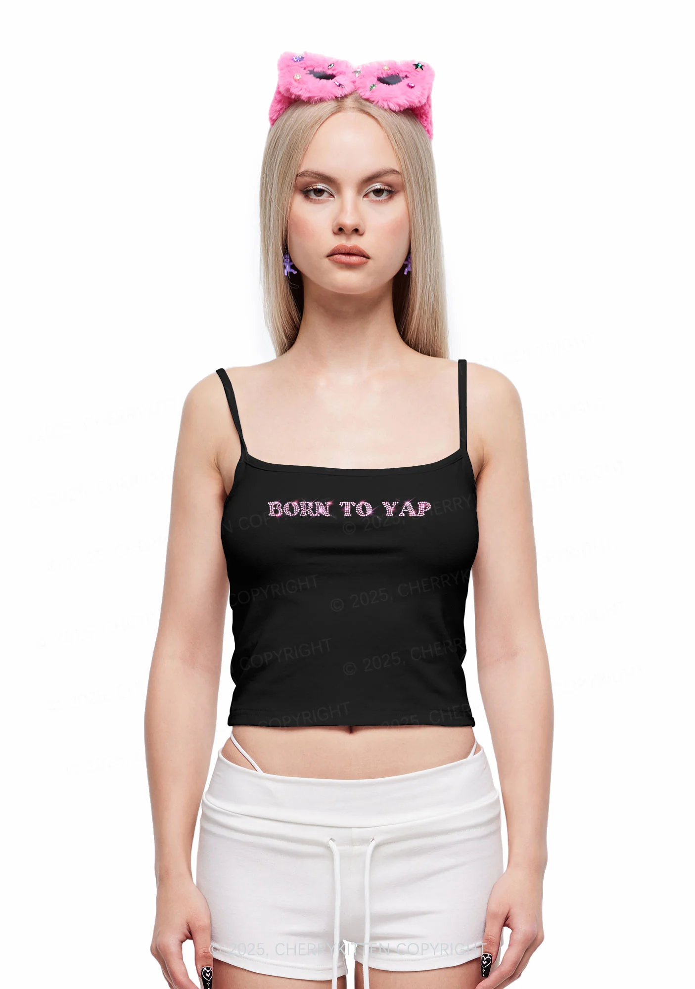 Rhinestone Born To Yap Y2K Spaghetti Strap Cami Cherrykitten - Image 2