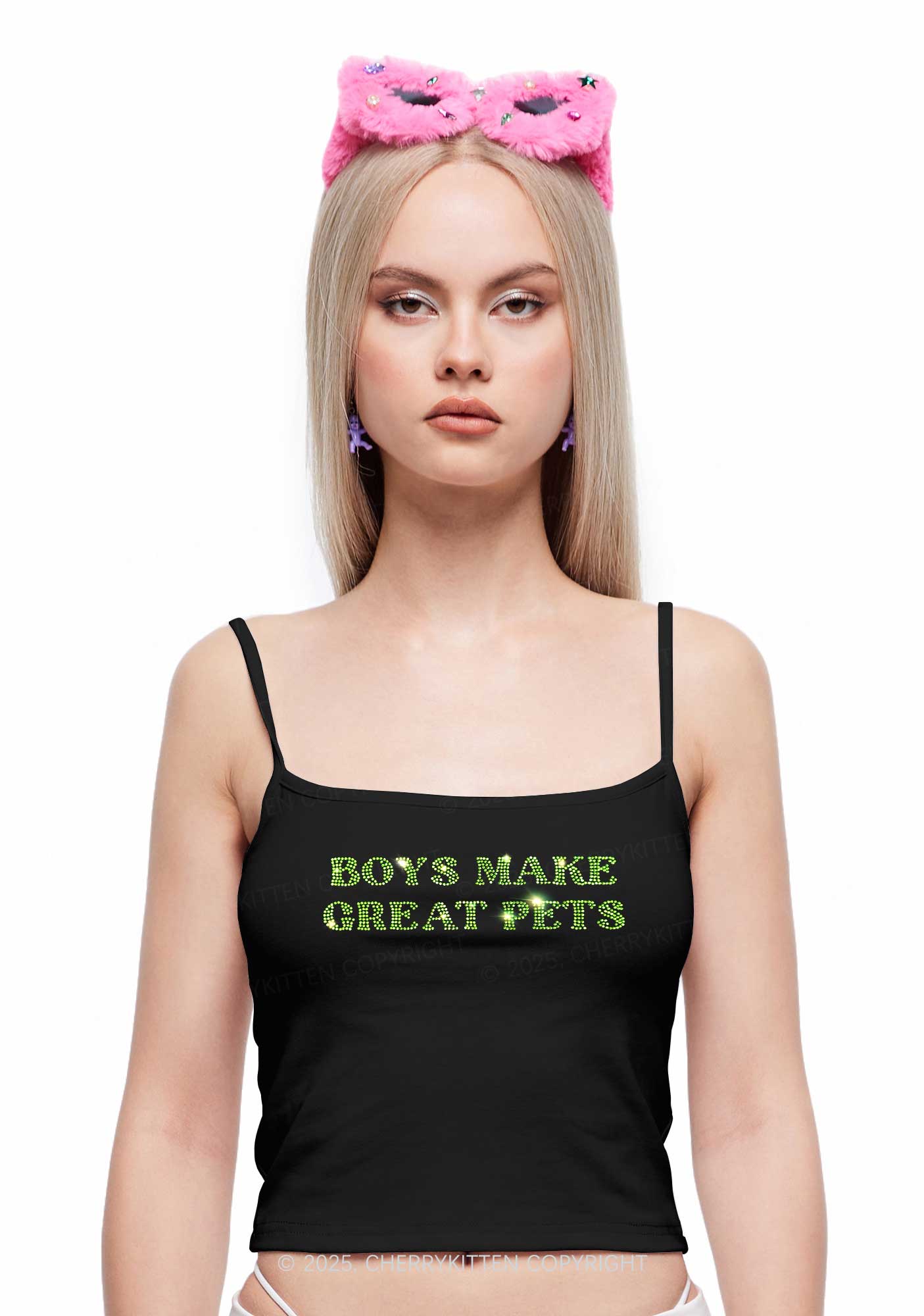 Rhinestone Boys Make Gr8 Pets Y2K Spaghetti Strap Cami Cherrykitten - Image 2