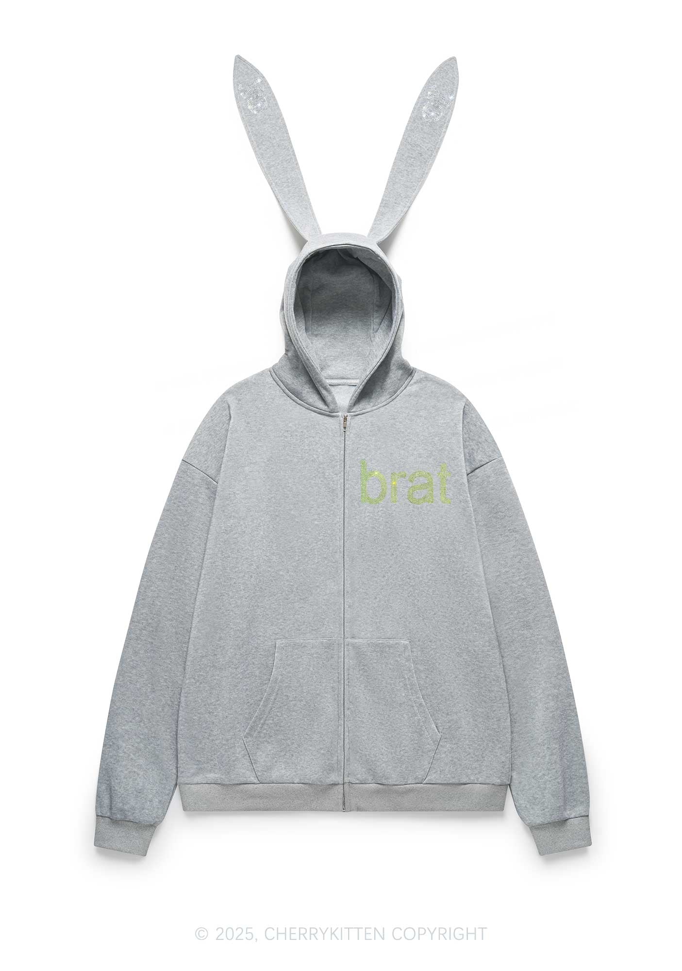 Rhinestone Brat Y2K Bunny Ear Zip Hoodie Cherrykitten - Image 3