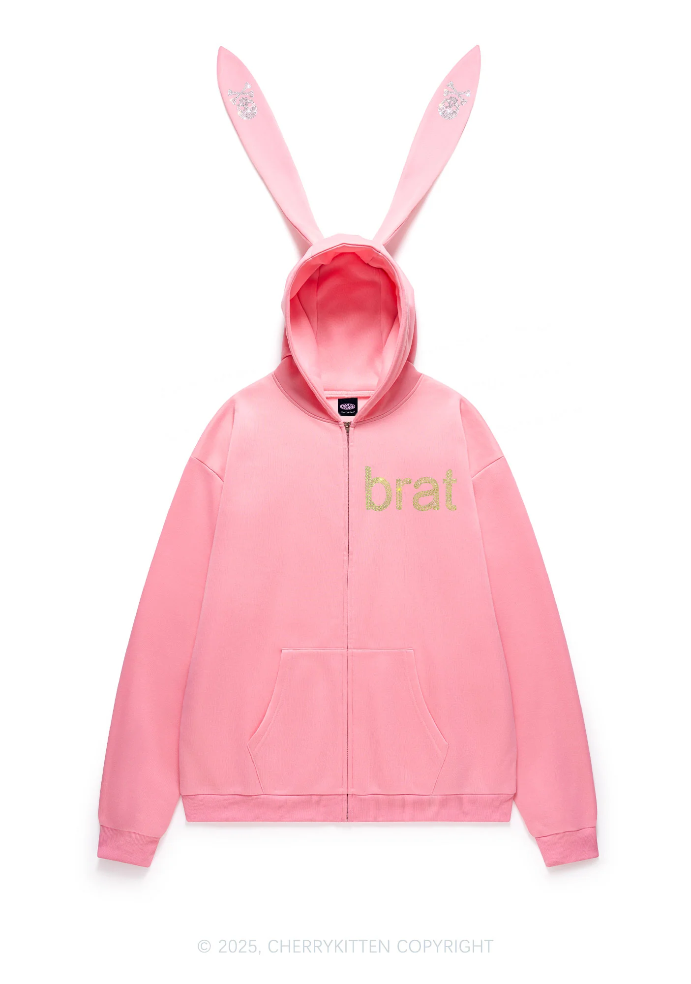 Rhinestone Brat Y2K Bunny Ear Zip Hoodie Cherrykitten - Image 4