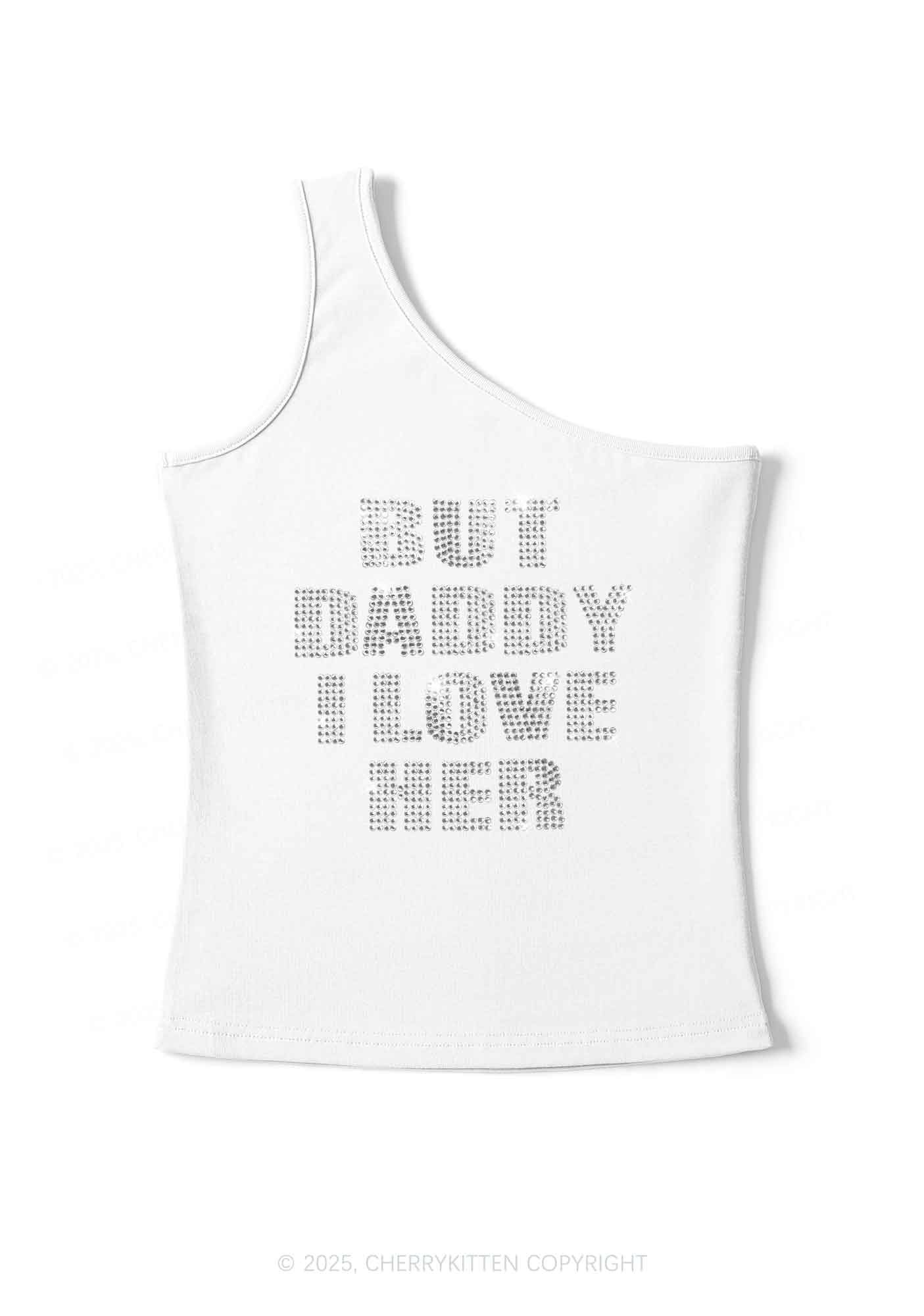 Rhinestone But Daddy I Love Her Pride Y2K One Shoulder Tank Top Cherrykitten - Image 2