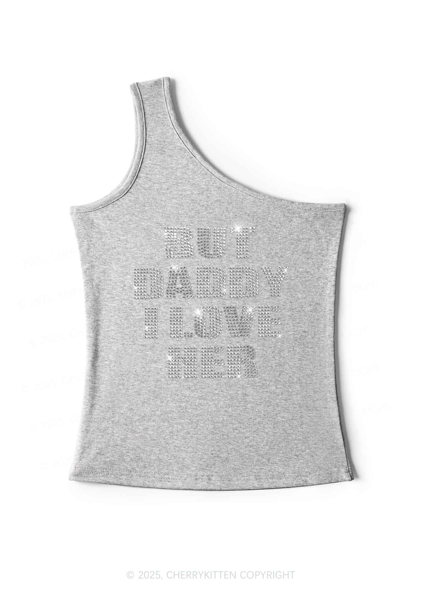 Rhinestone But Daddy I Love Her Pride Y2K One Shoulder Tank Top Cherrykitten - Image 5