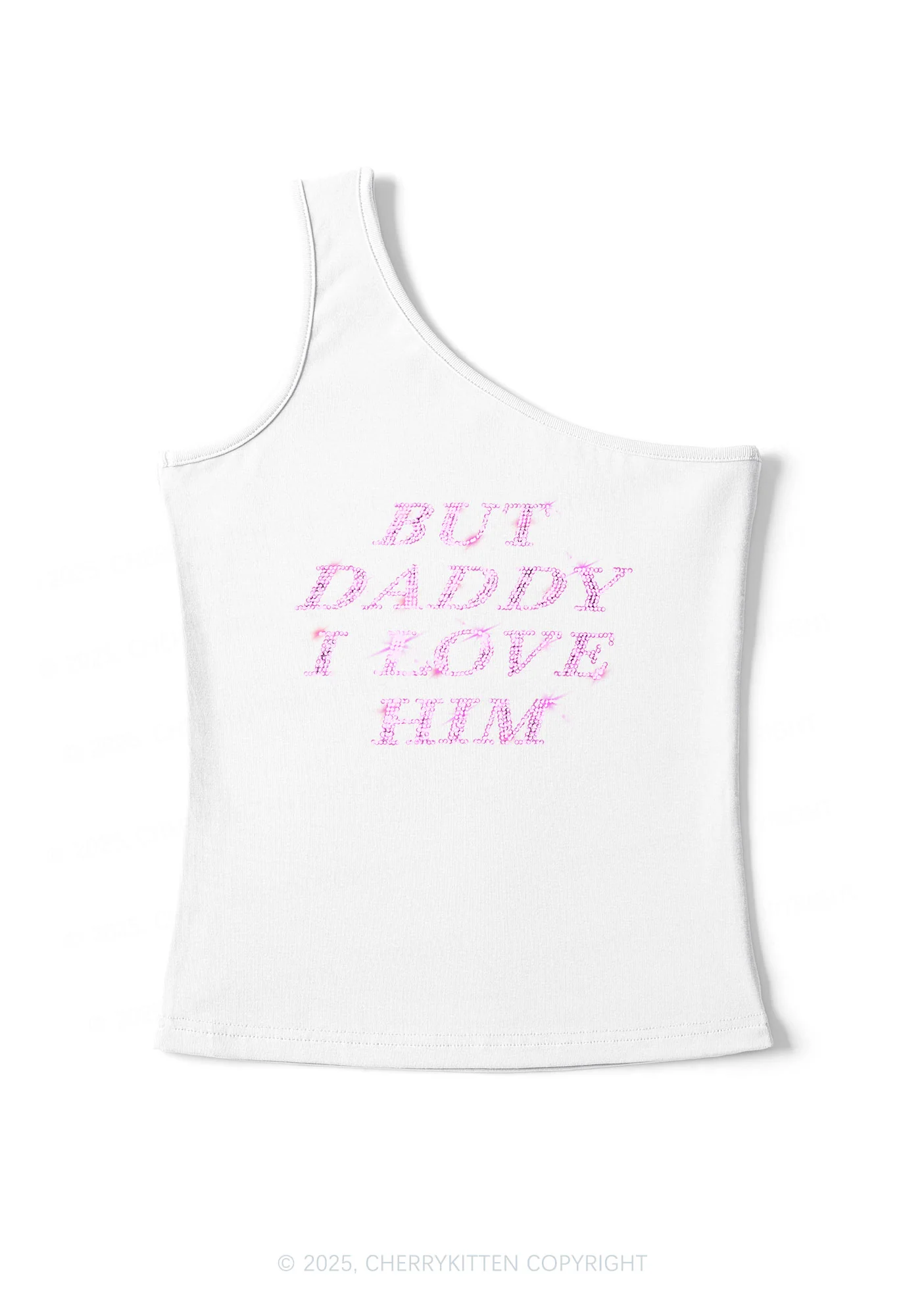 Rhinestone But Daddy I Love Him Y2K One Shoulder Tank Top Cherrykitten - Image 2
