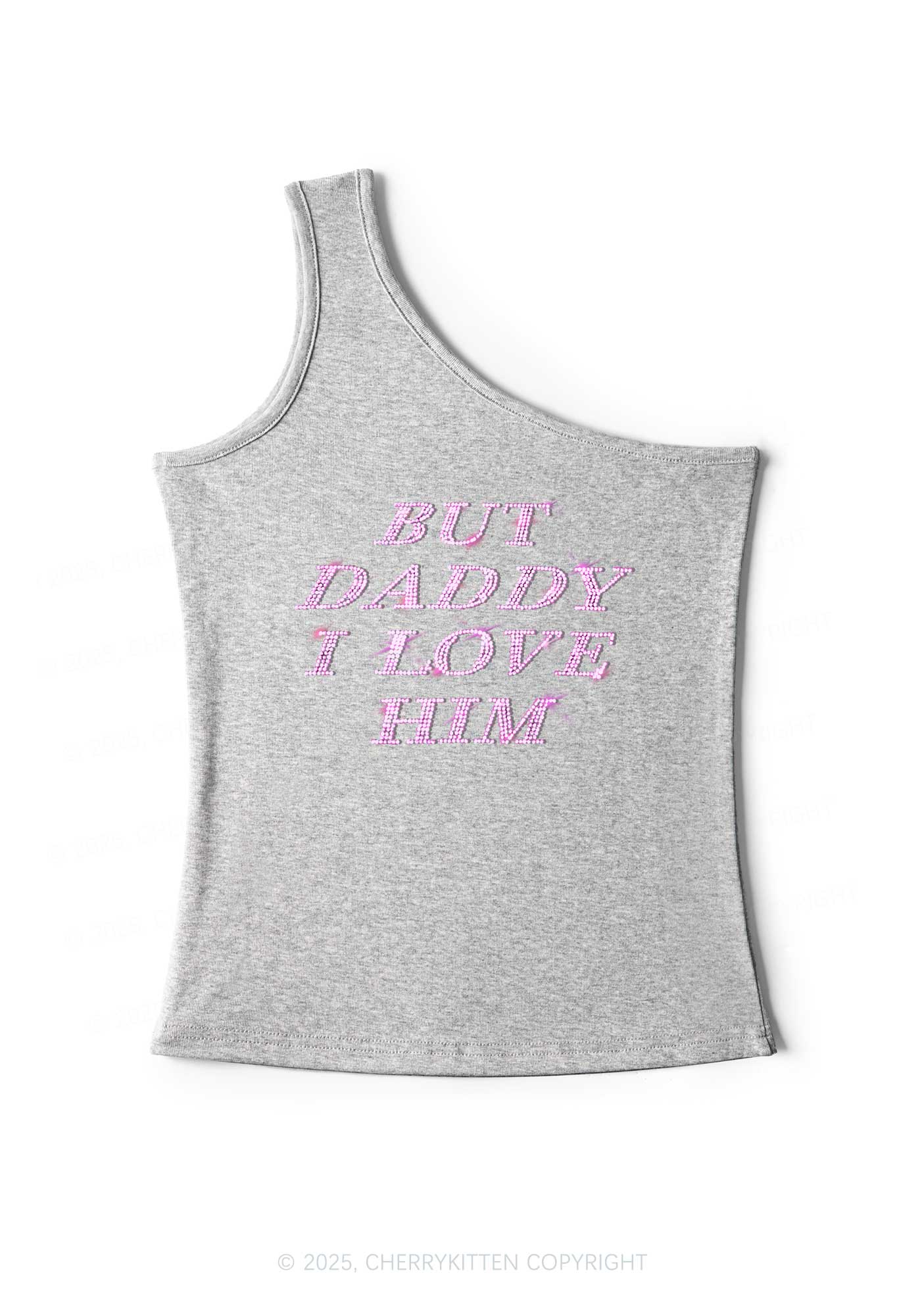 Rhinestone But Daddy I Love Him Y2K One Shoulder Tank Top Cherrykitten - Image 5