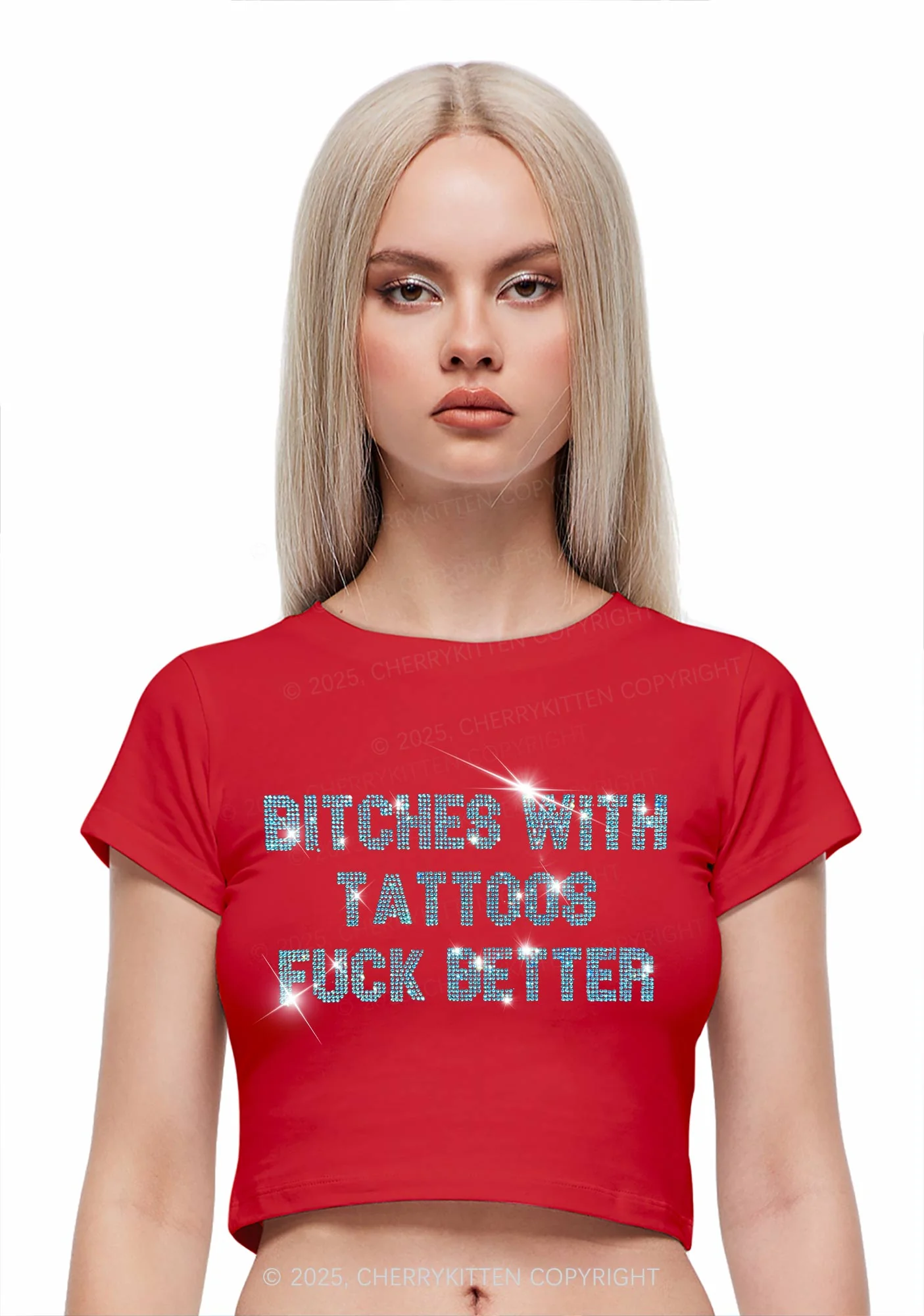 Rhinestone Bxxches With Tattoos Fxxk Better Y2K Baby Tee Cherrykitten - Image 2