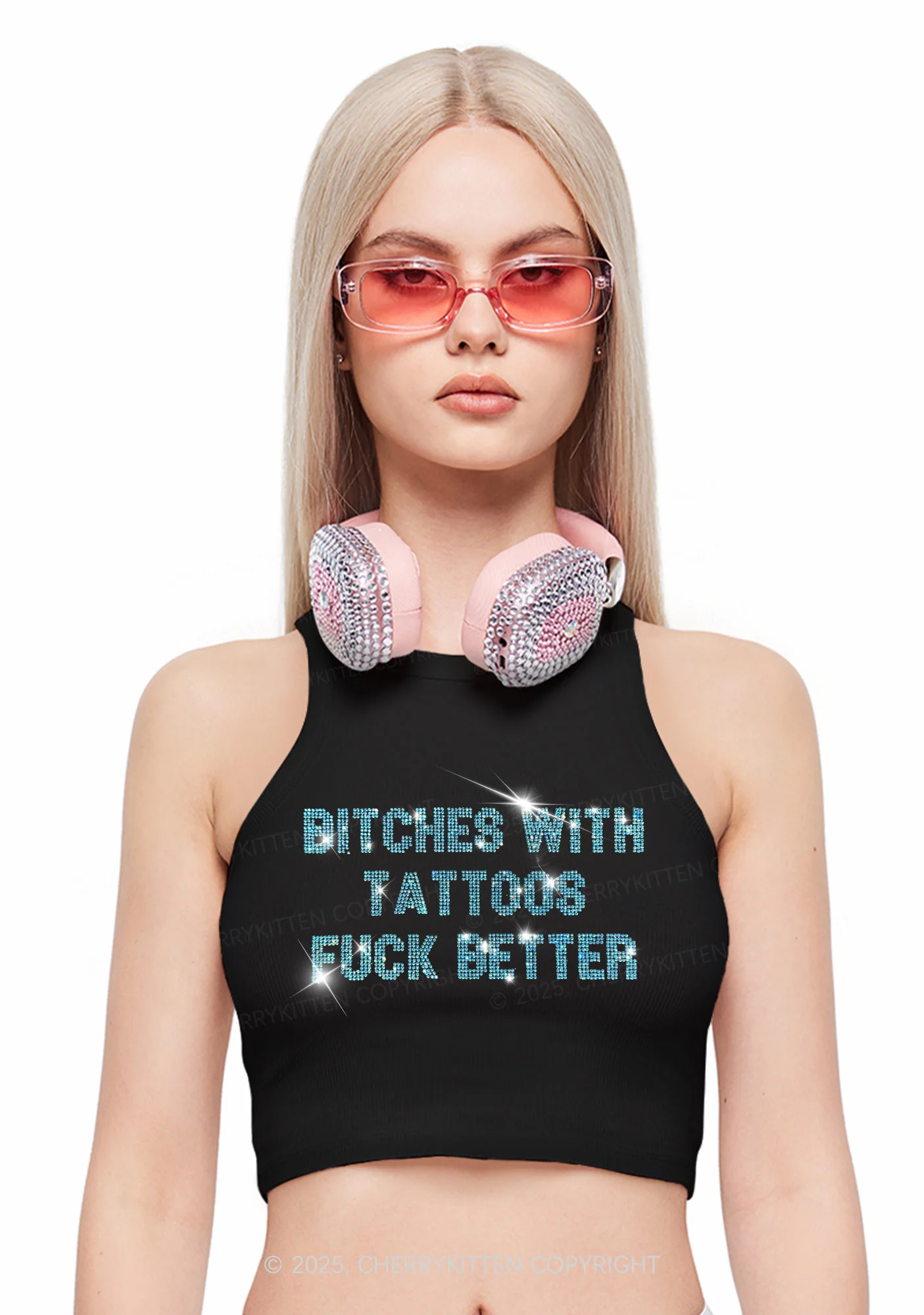 Rhinestone Bxxches With Tattoos Fxxk Better Y2K Crop Tank Top Cherrykitten - Image 2