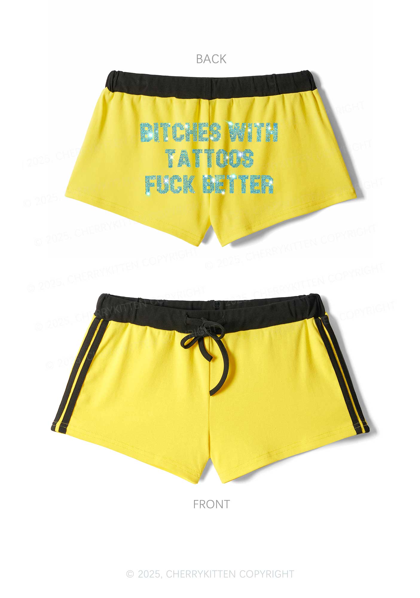 Rhinestone Bxxches With Tattoos Fxxk Better Y2K Drawstring Mini Shorts Cherrykitten - Image 3