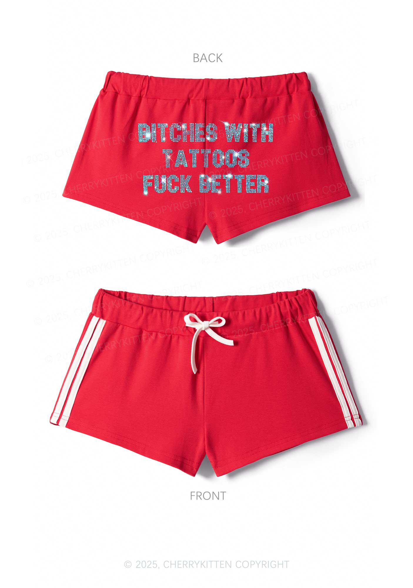 Rhinestone Bxxches With Tattoos Fxxk Better Y2K Drawstring Mini Shorts Cherrykitten - Image 4