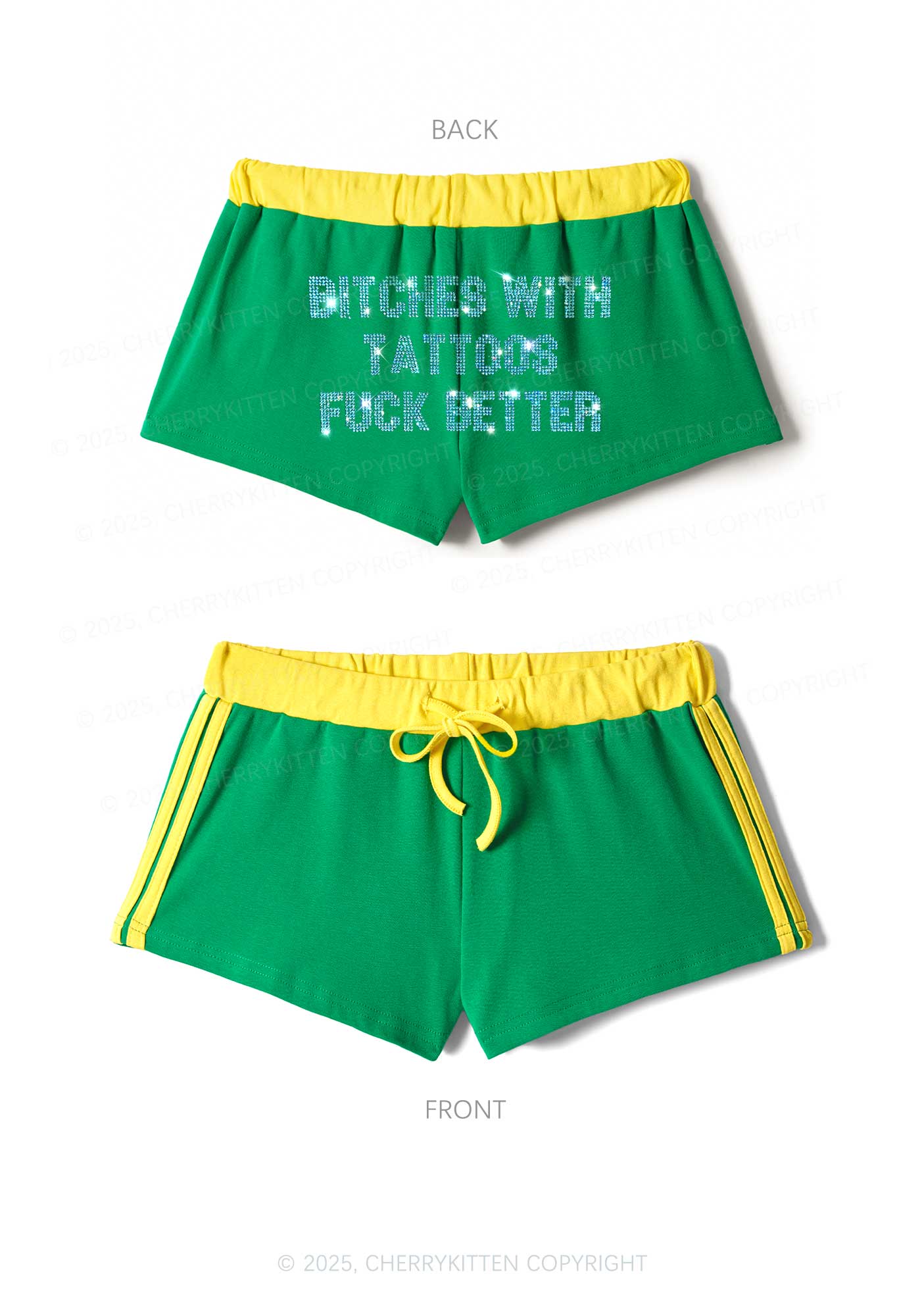 Rhinestone Bxxches With Tattoos Fxxk Better Y2K Drawstring Mini Shorts Cherrykitten - Image 6