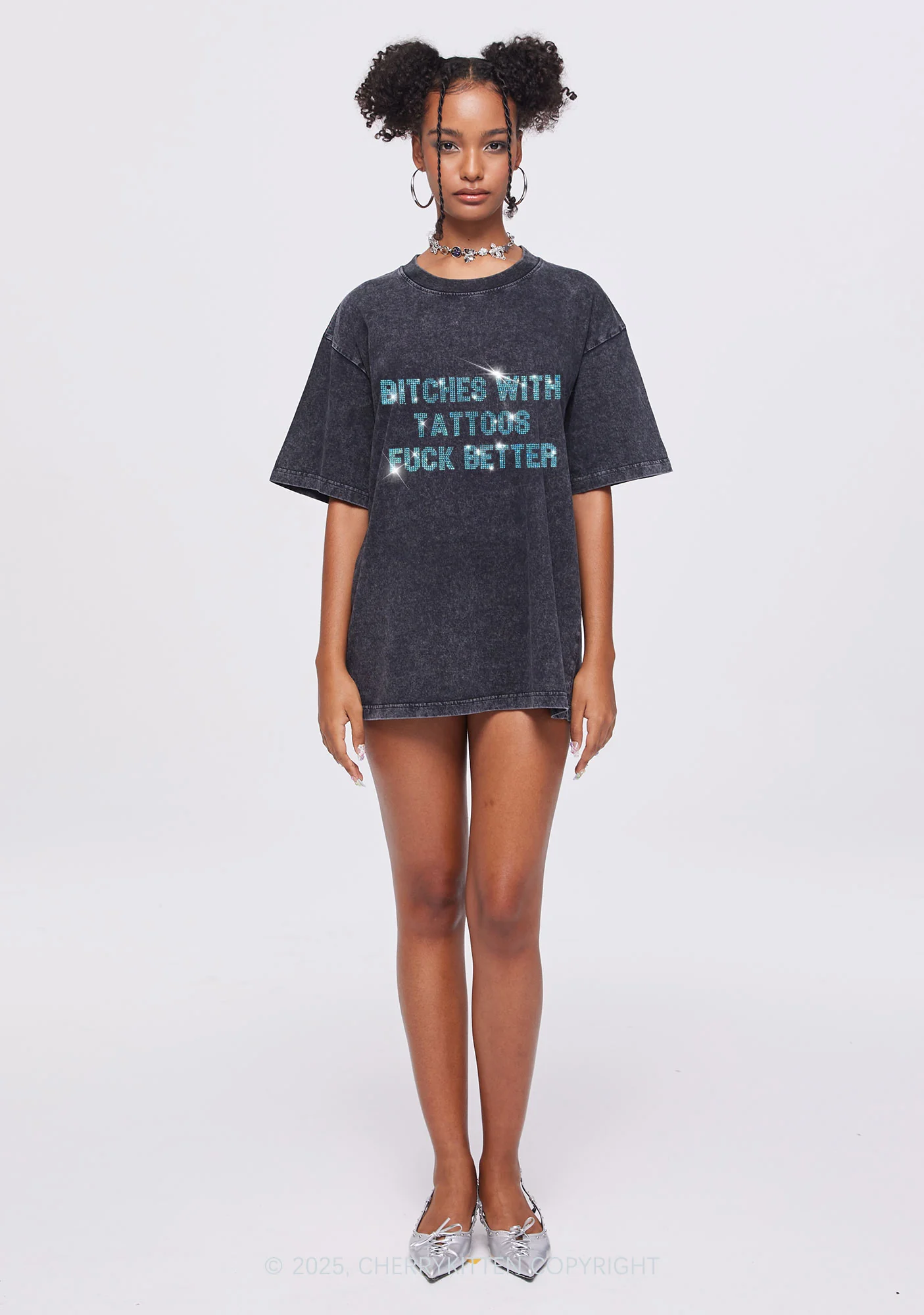 Rhinestone Bxxches With Tattoos Fxxk Better Y2K Shirts Washed Tee Cherrykitten - Image 2