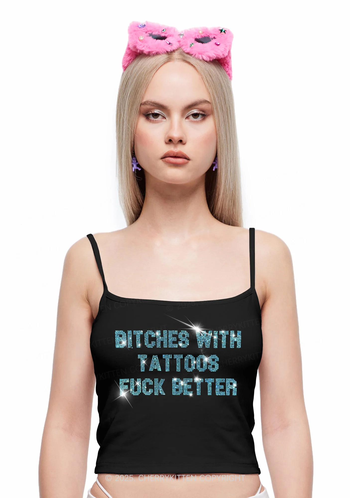 Rhinestone Bxxches With Tattoos Fxxk Better Y2K Spaghetti Strap Cami Cherrykitten - Image 2