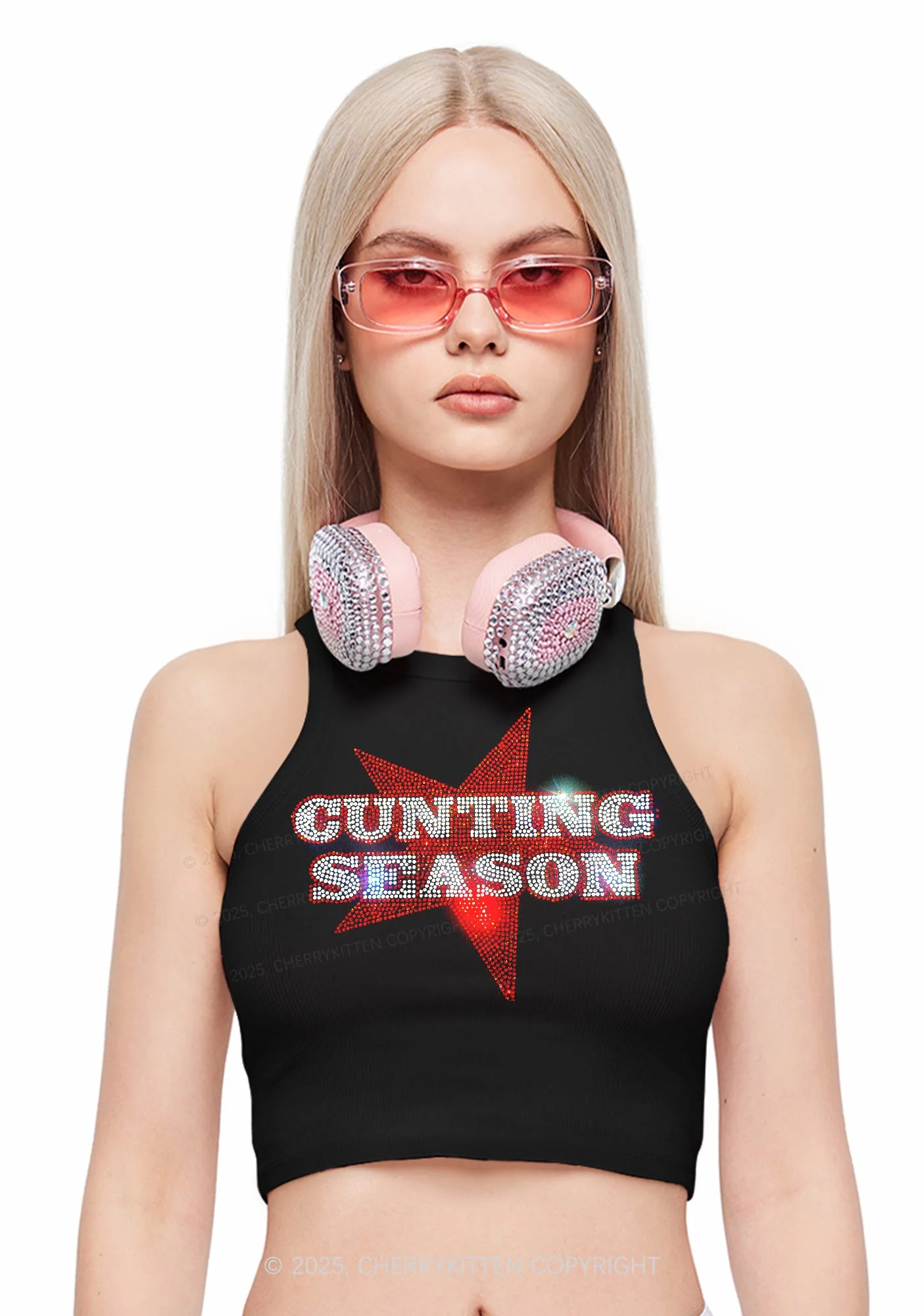Rhinestone Cunting Season Y2K Crop Tank Top Cherrykitten - Image 2