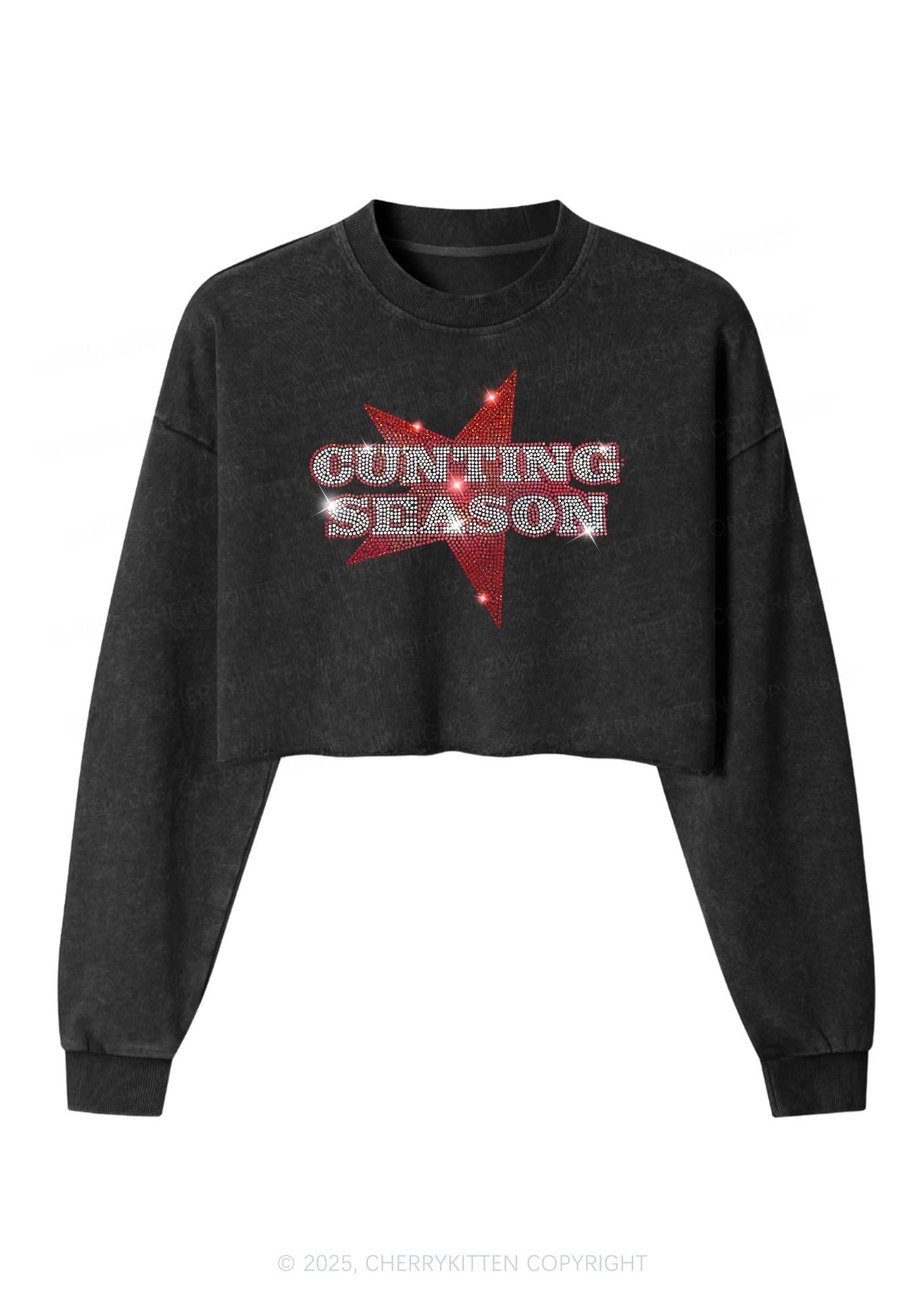 Rhinestone Cunting Season Y2K Crop Washed Sweatshirts Cherrykitten - Image 2