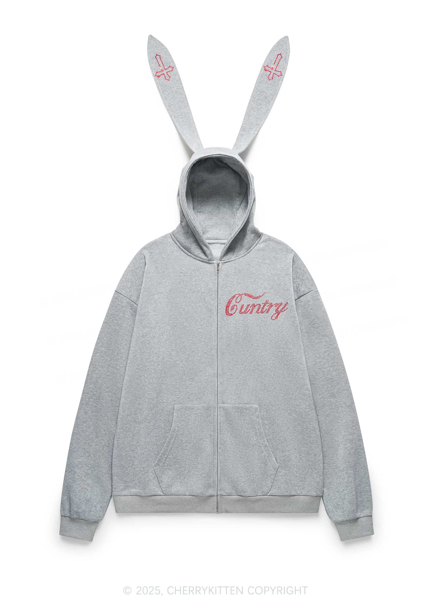 Rhinestone Cuntry Cross Y2K Bunny Ear Zip Hoodie Cherrykitten - Image 4