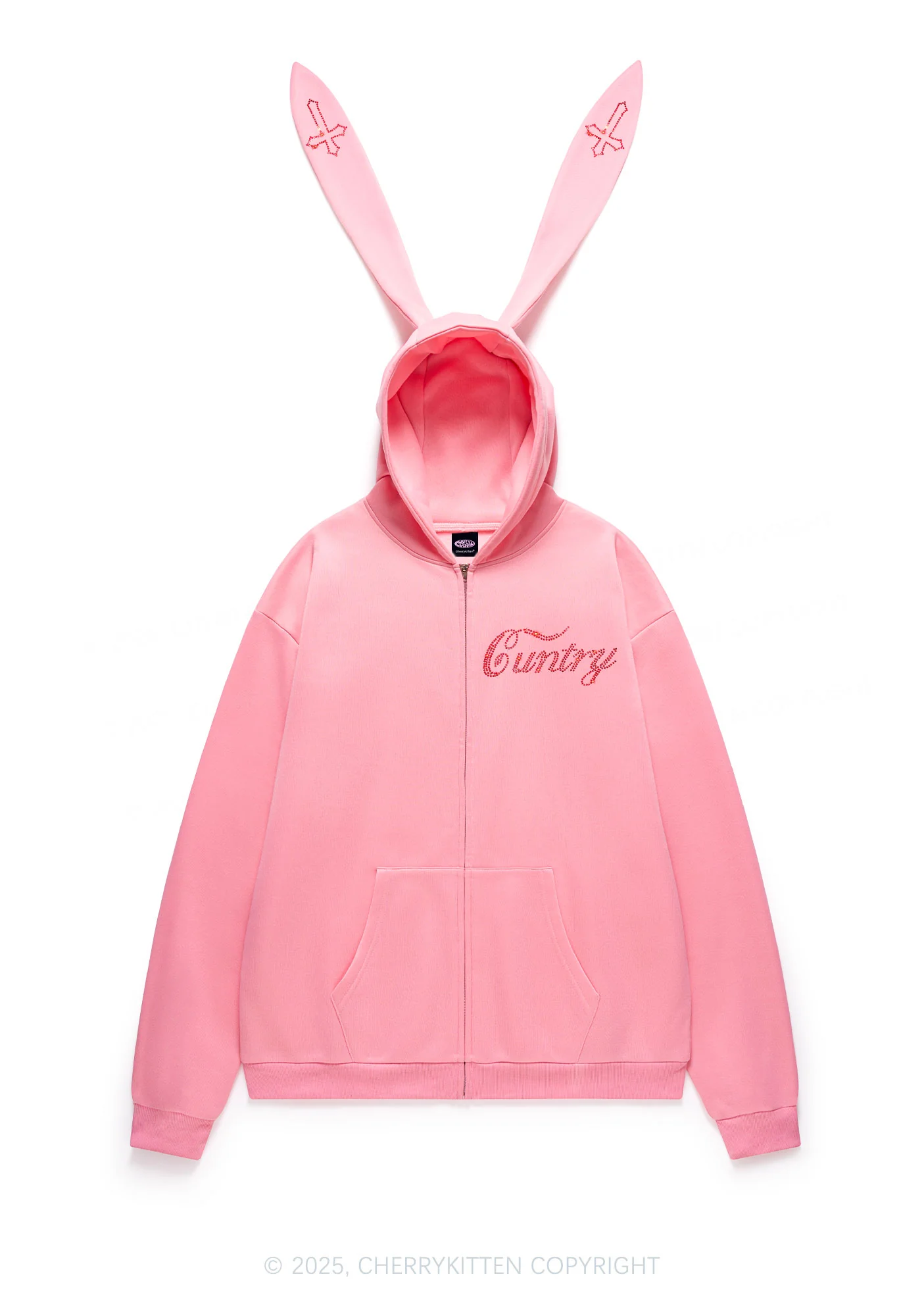 Rhinestone Cuntry Cross Y2K Bunny Ear Zip Hoodie Cherrykitten - Image 5