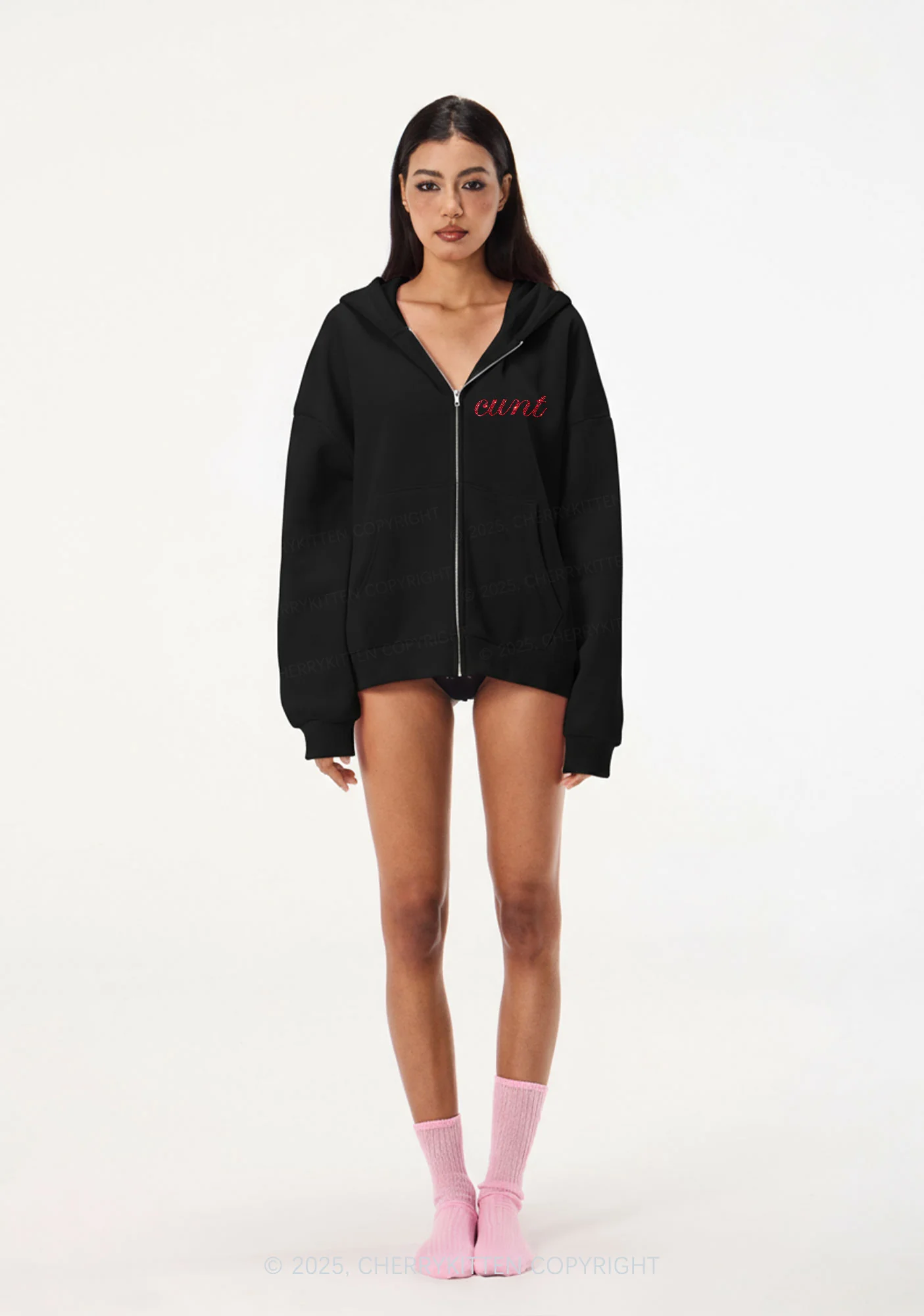 Rhinestone Cxxt Y2K Bunny Ear Zip Hoodie Cherrykitten - Image 2