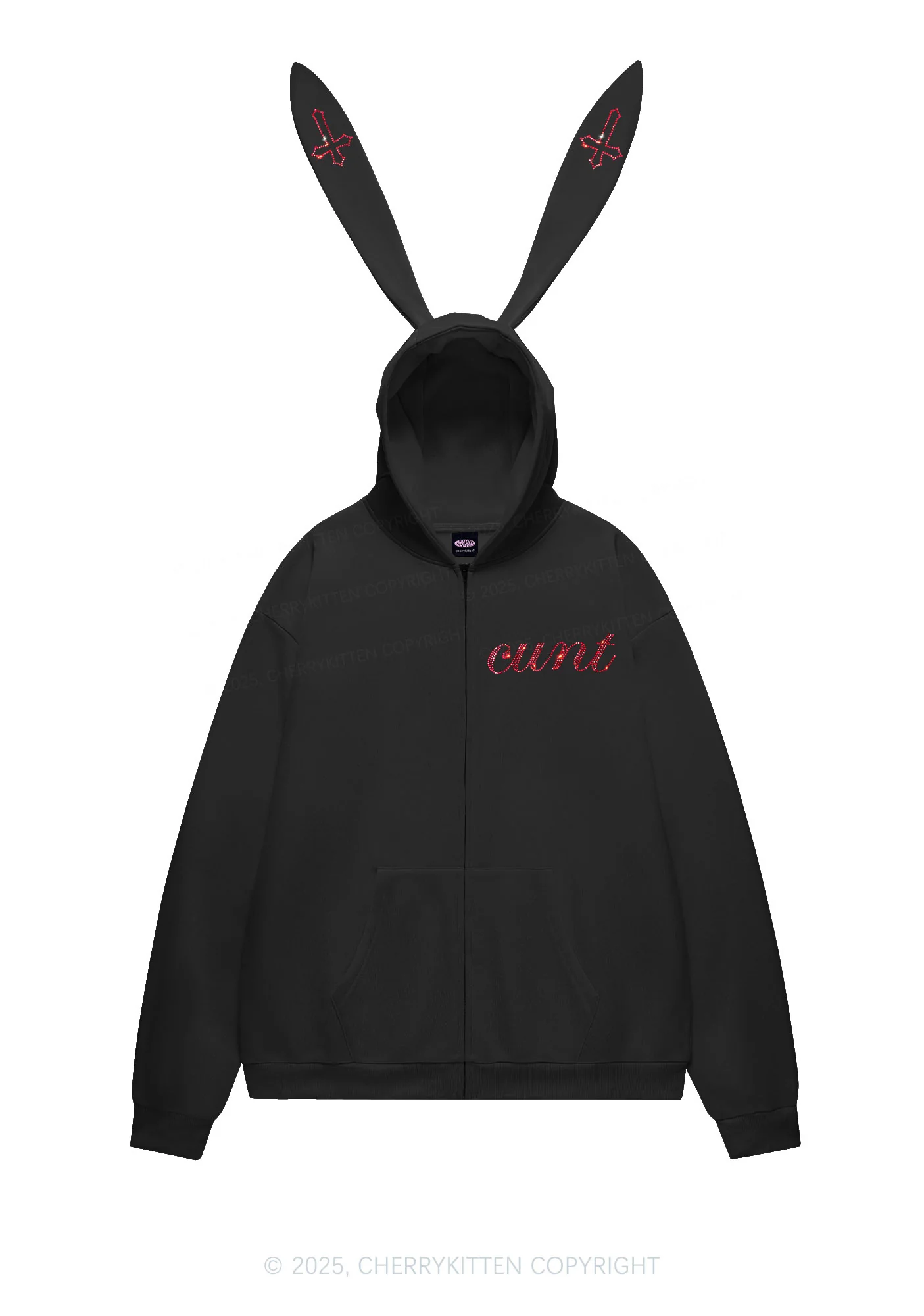 Rhinestone Cxxt Y2K Bunny Ear Zip Hoodie Cherrykitten - Image 4