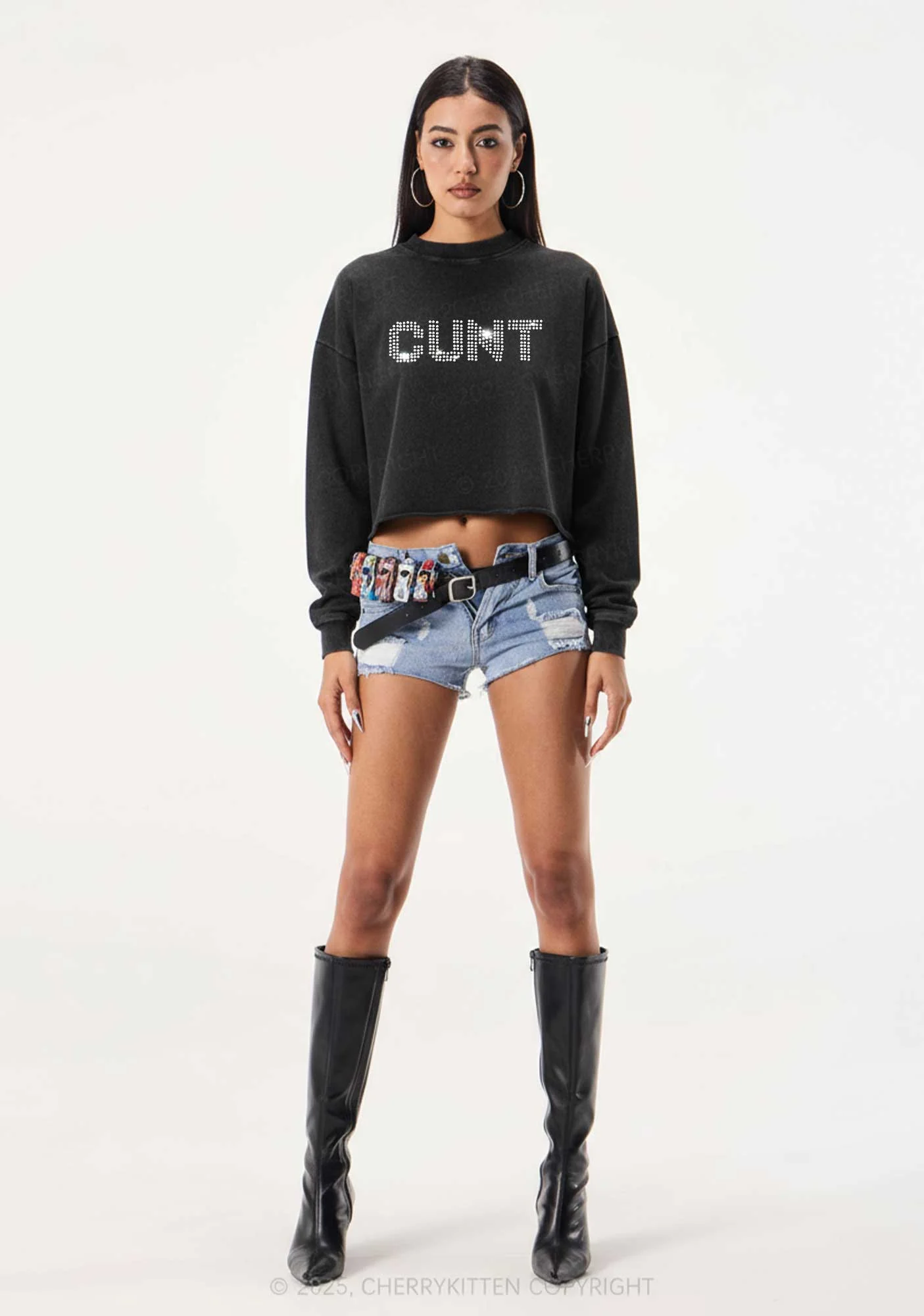 Rhinestone Cxxt Y2K Crop Washed Sweatshirts Cherrykitten - Image 2