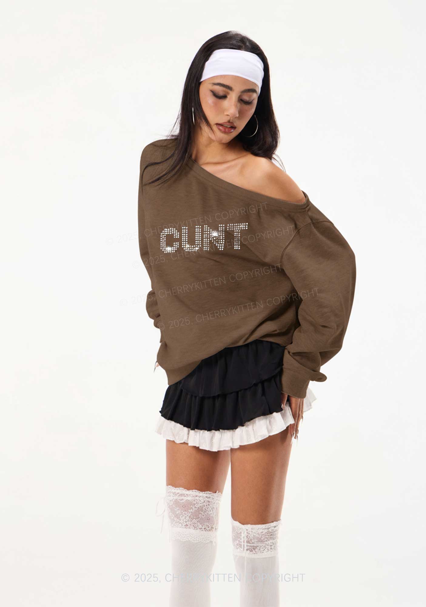 Rhinestone Cxxt Y2K Off Shoulder Sweatshirts Cherrykitten - Image 2