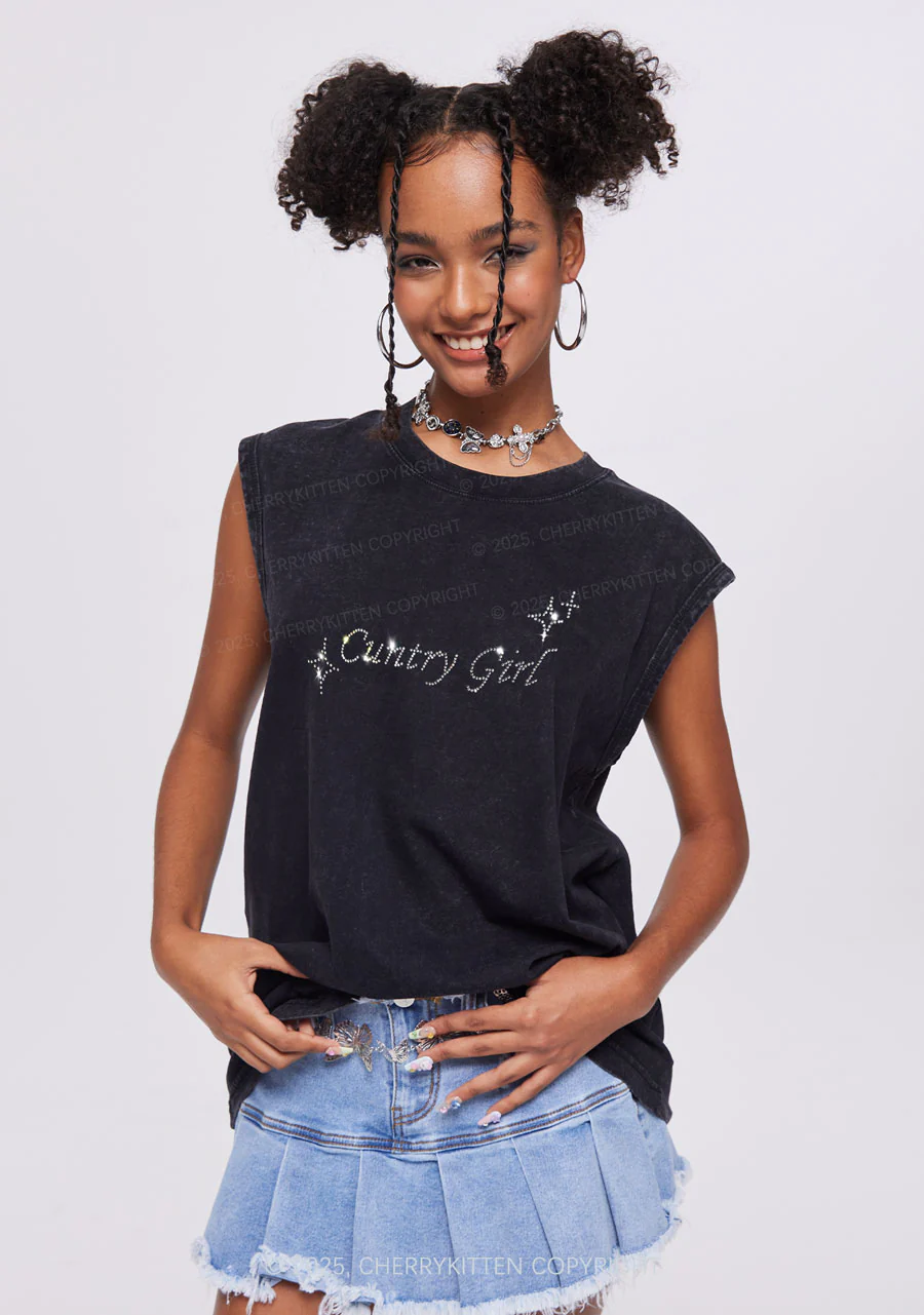 Rhinestone Cxxtry Girl Y2K Washed Muscle Tank Cherrykitten - Image 2