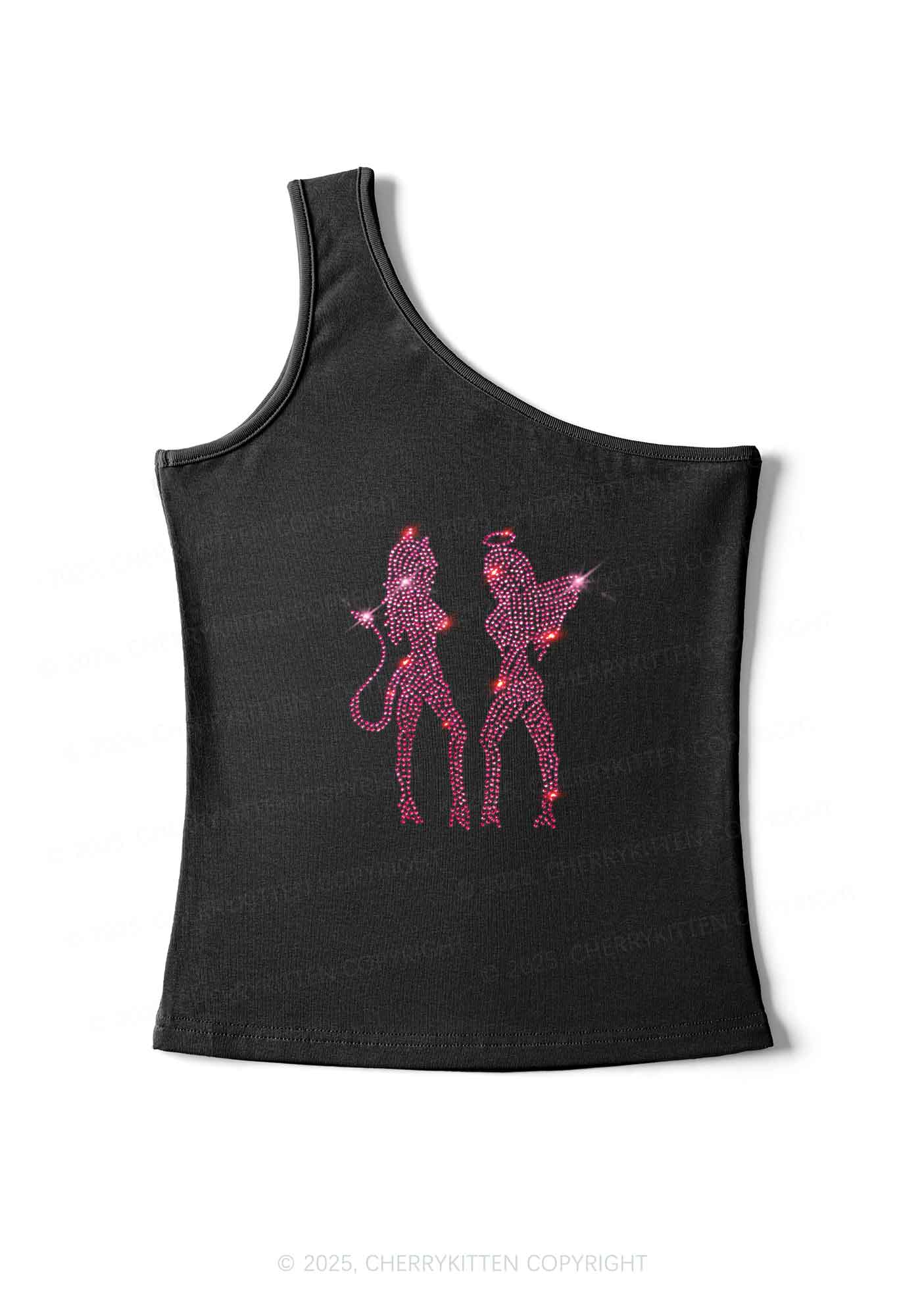 Rhinestone Dancing Girls Y2K One Shoulder Tank Top Cherrykitten - Image 2