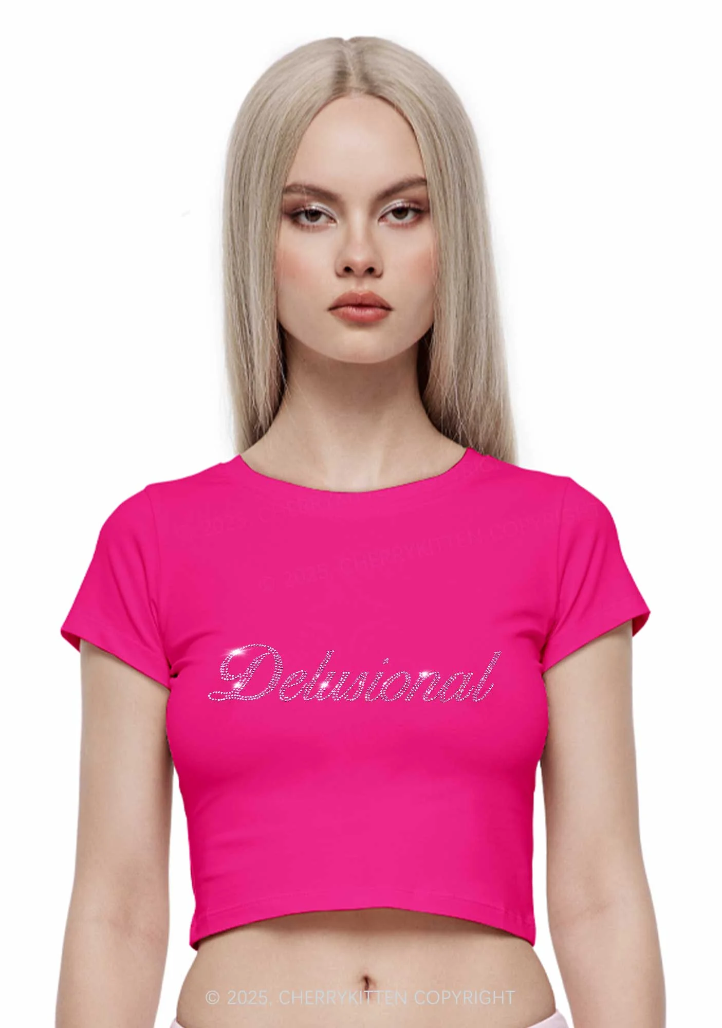 Rhinestone Delusional Y2K Baby Tee Cherrykitten - Image 2