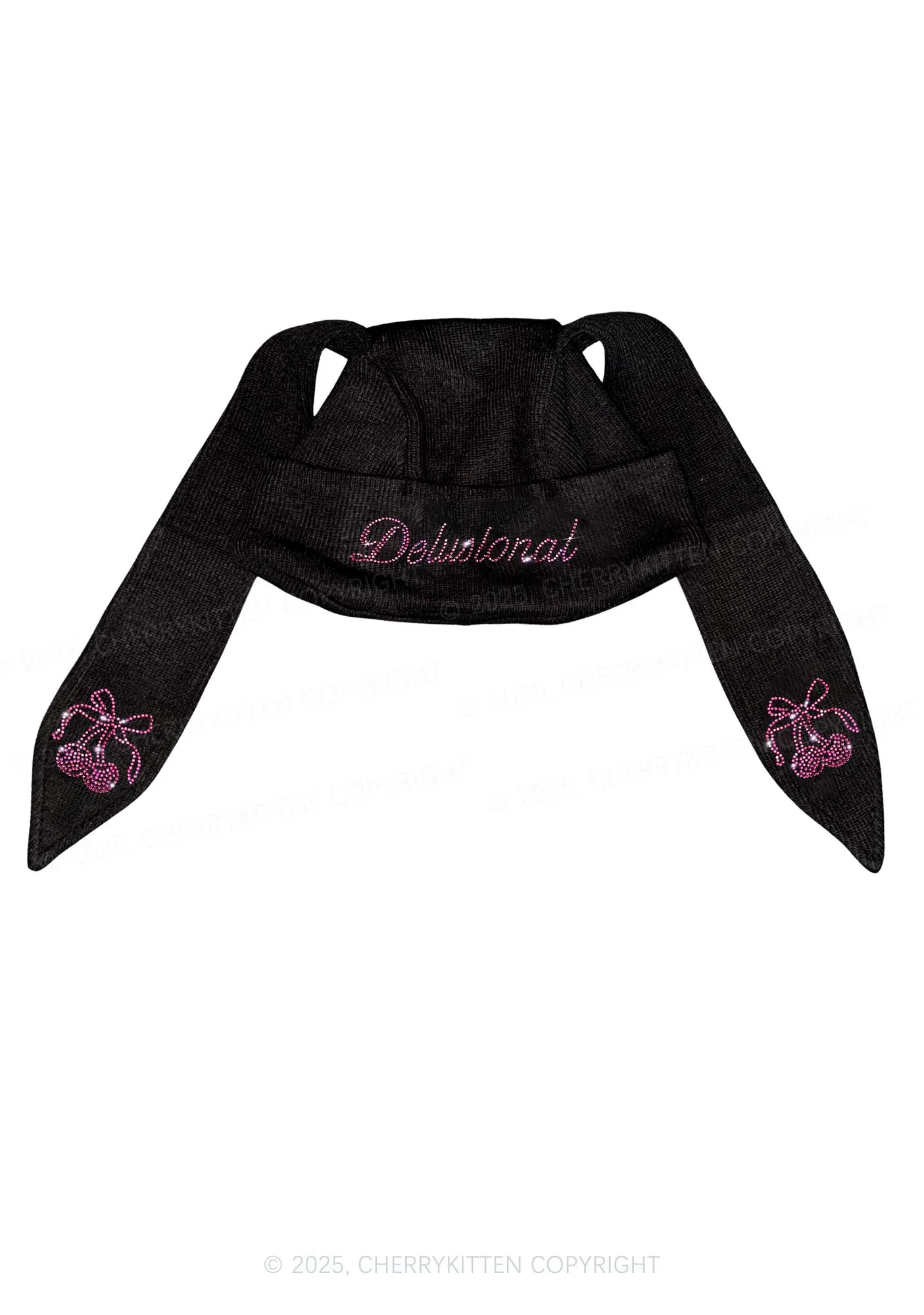 Rhinestone Delusional Y2K Bunny Ear Knitted Hat Cherrykitten - Image 2