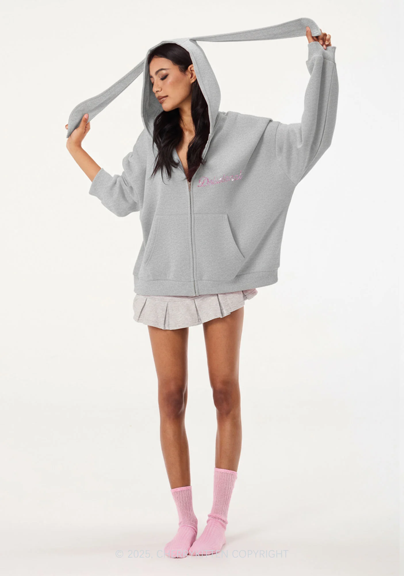Rhinestone Delusional Y2K Bunny Ear Zip Hoodie Cherrykitten - Image 2