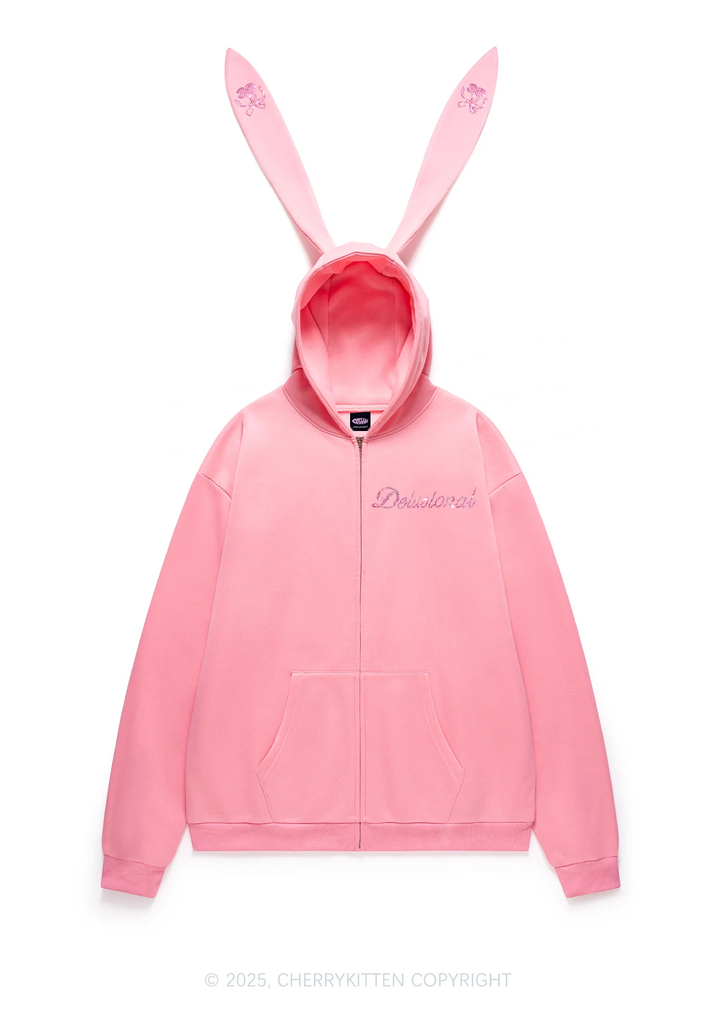 Rhinestone Delusional Y2K Bunny Ear Zip Hoodie Cherrykitten - Image 3
