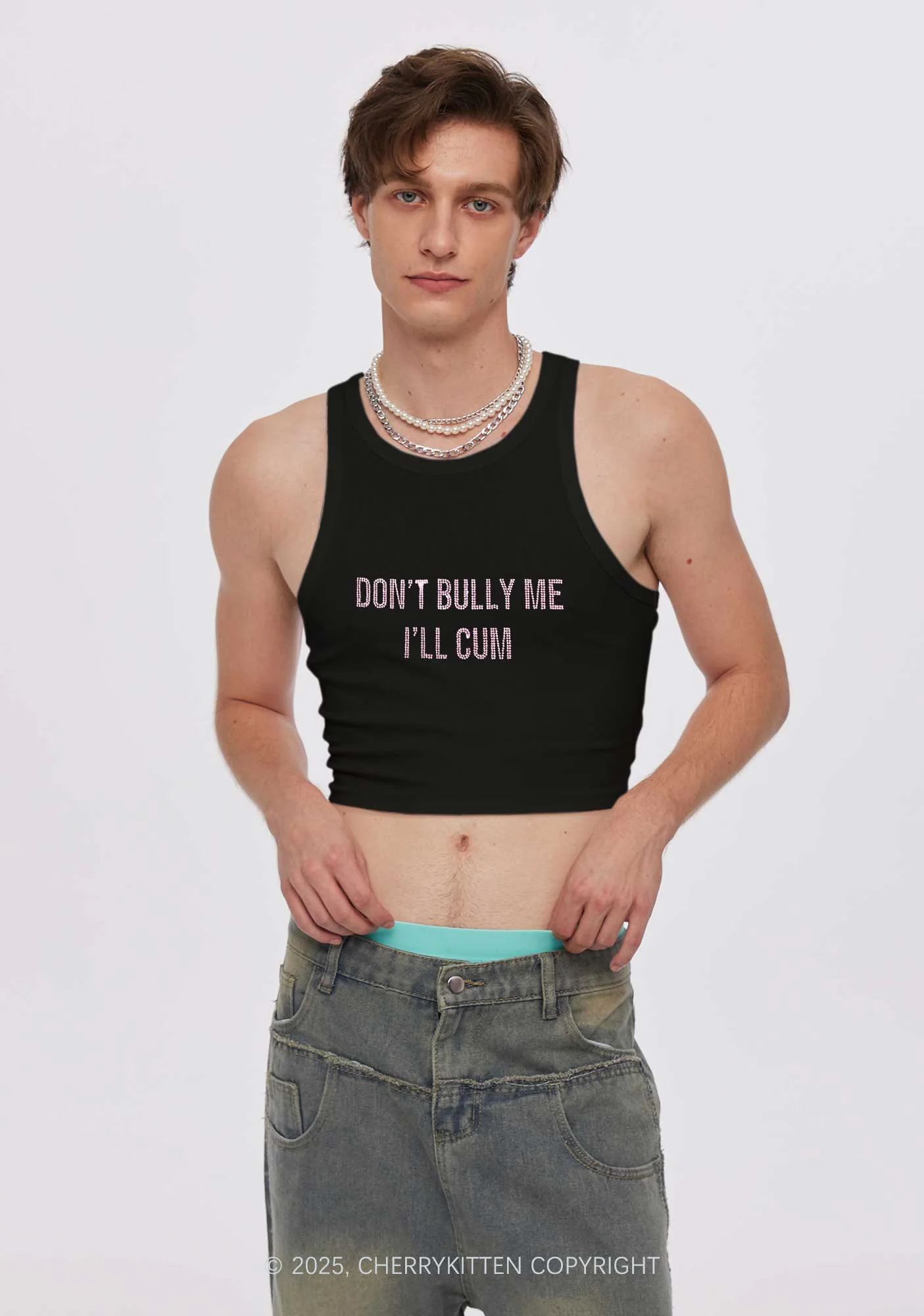 Rhinestone Dont Bully Me Y2K Crop Tank Top Cherrykitten - Image 2