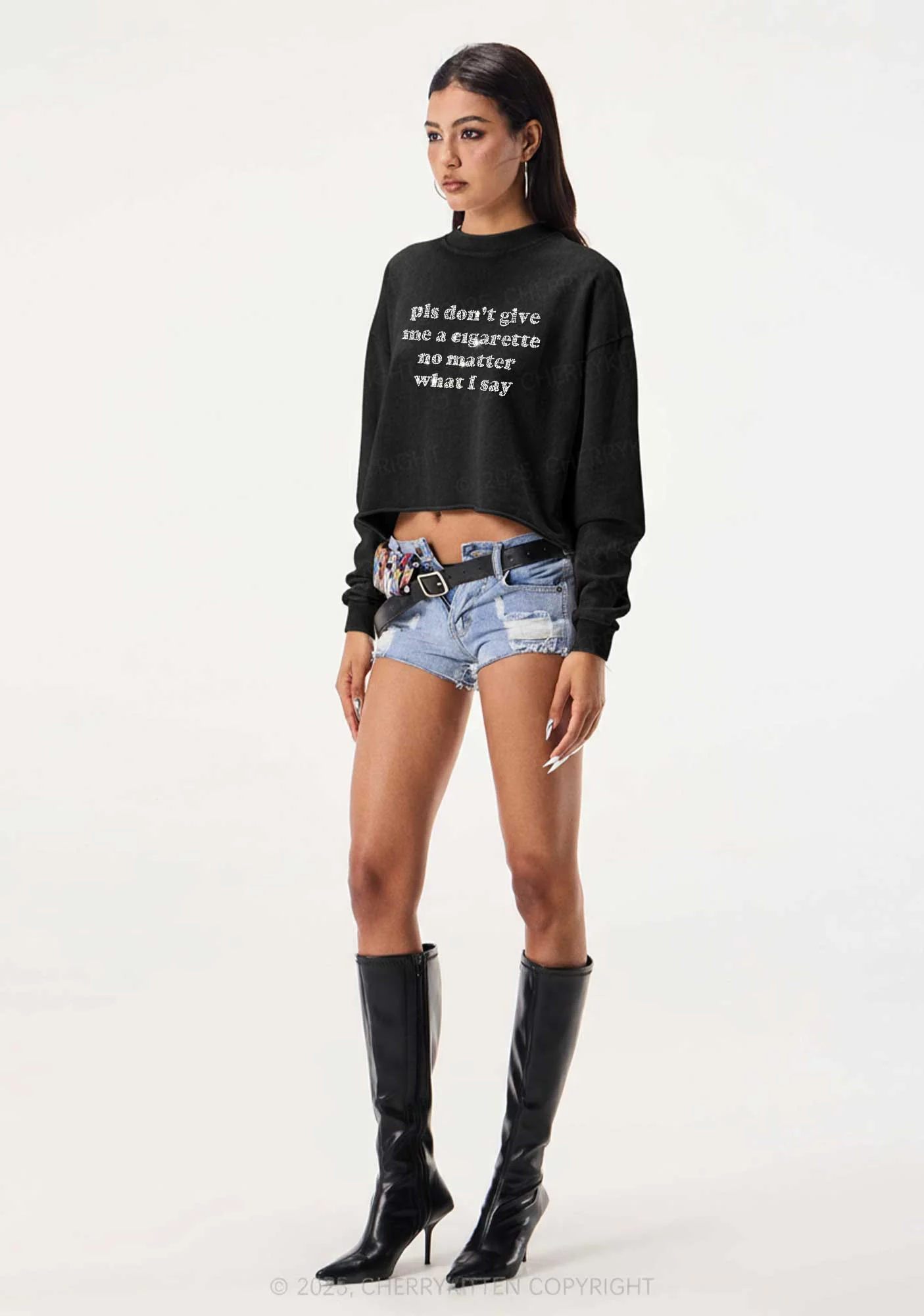 Rhinestone Dont Give Me Cigarette Y2K Crop Washed Sweatshirts Cherrykitten - Image 2