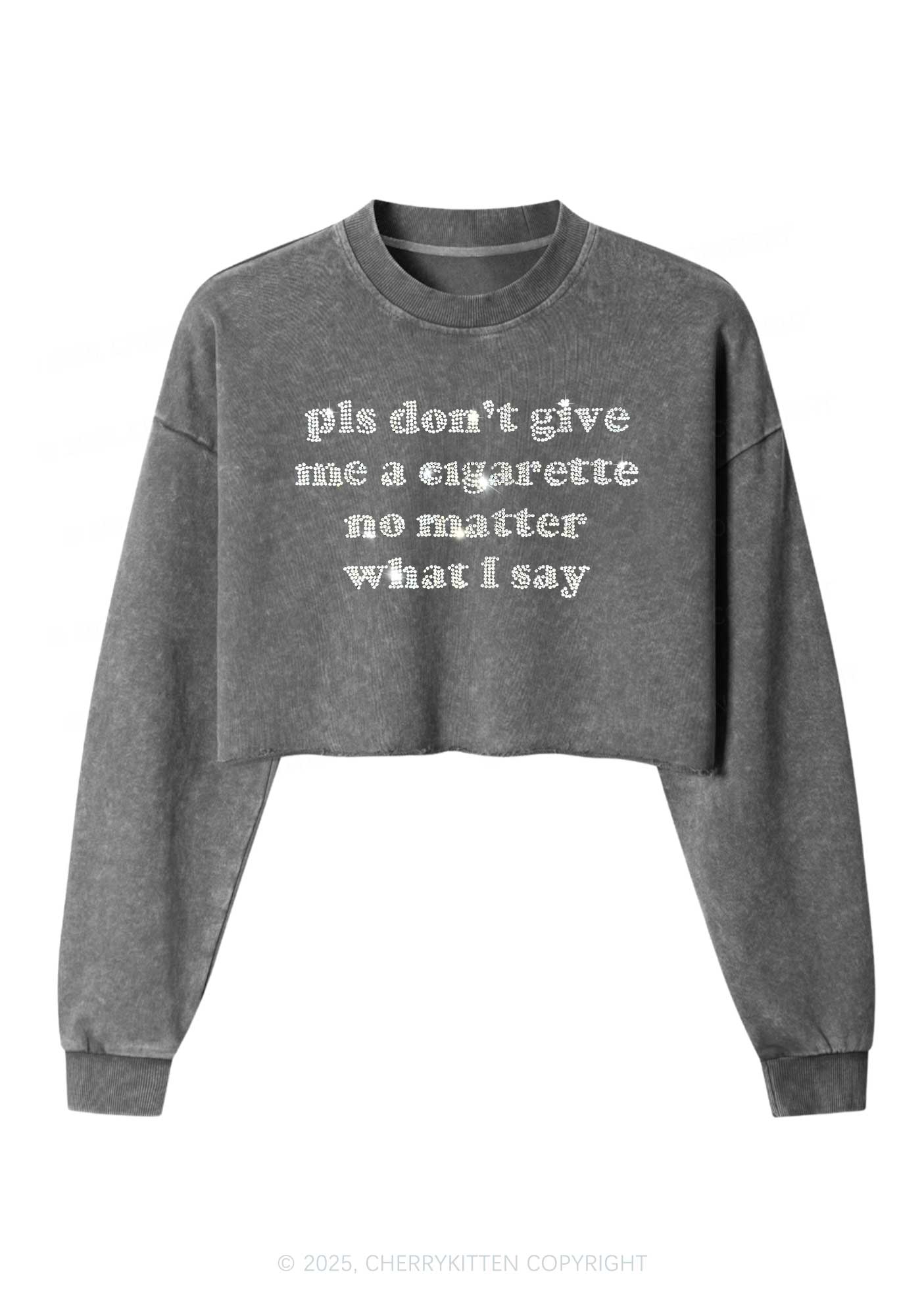 Rhinestone Dont Give Me Cigarette Y2K Crop Washed Sweatshirts Cherrykitten - Image 3