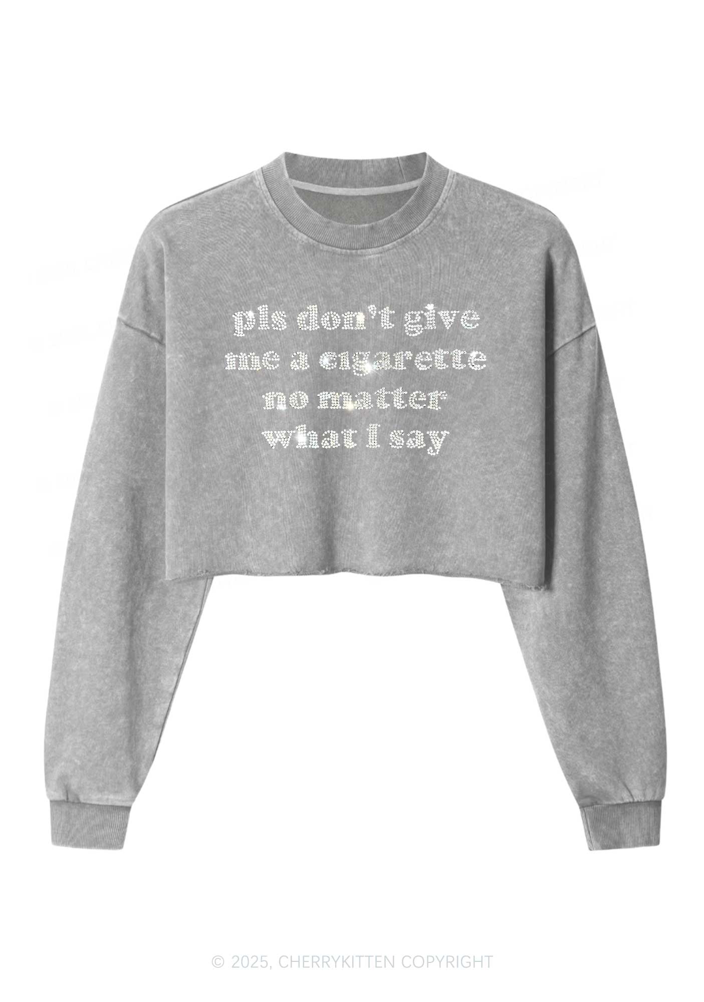 Rhinestone Dont Give Me Cigarette Y2K Crop Washed Sweatshirts Cherrykitten - Image 4