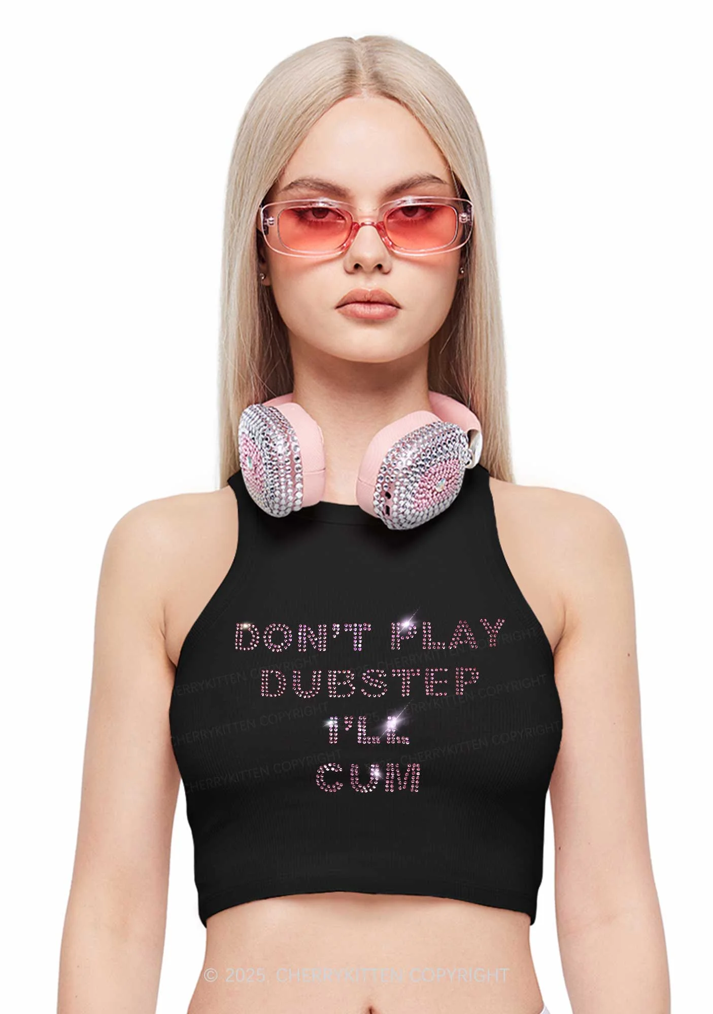 Rhinestone Dont Play Dubstep Y2K Crop Tank Top Cherrykitten - Image 2