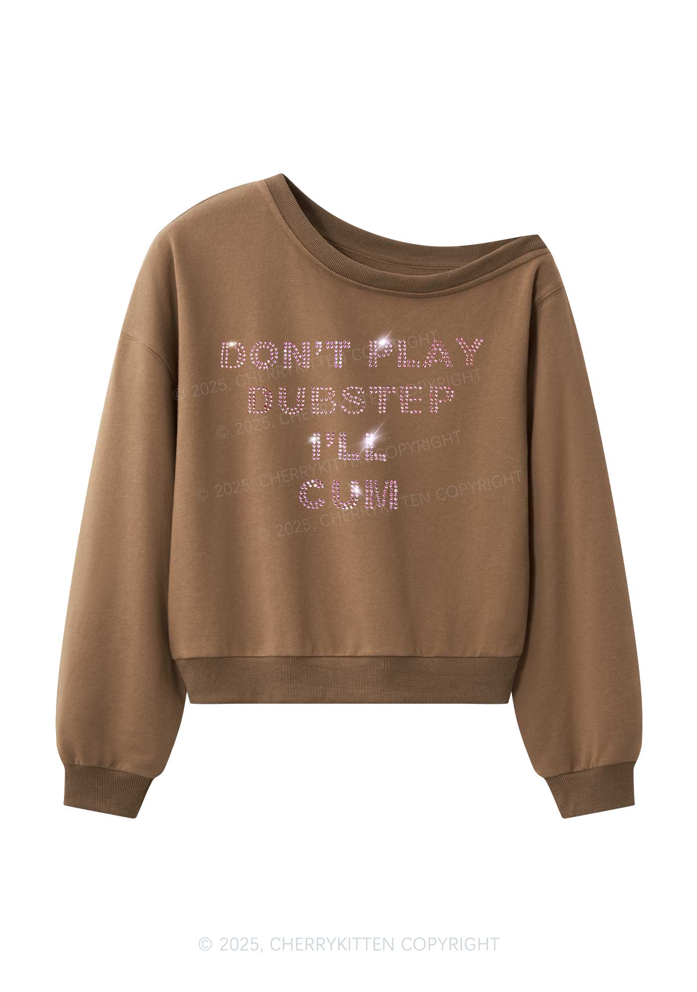 Rhinestone Dont Play Dubstep Y2K Off Shoulder Sweatshirts Cherrykitten - Image 3