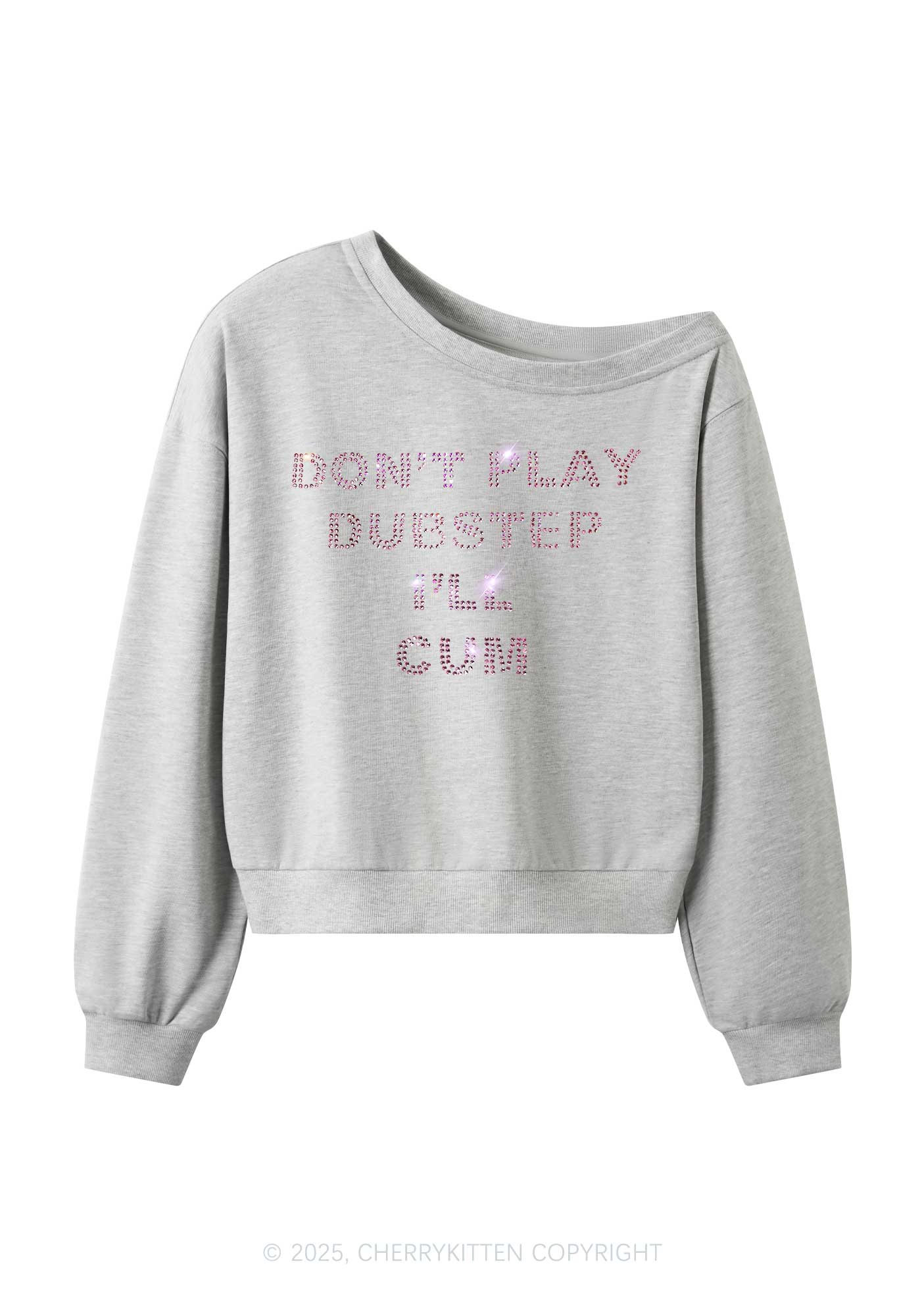 Rhinestone Dont Play Dubstep Y2K Off Shoulder Sweatshirts Cherrykitten - Image 4
