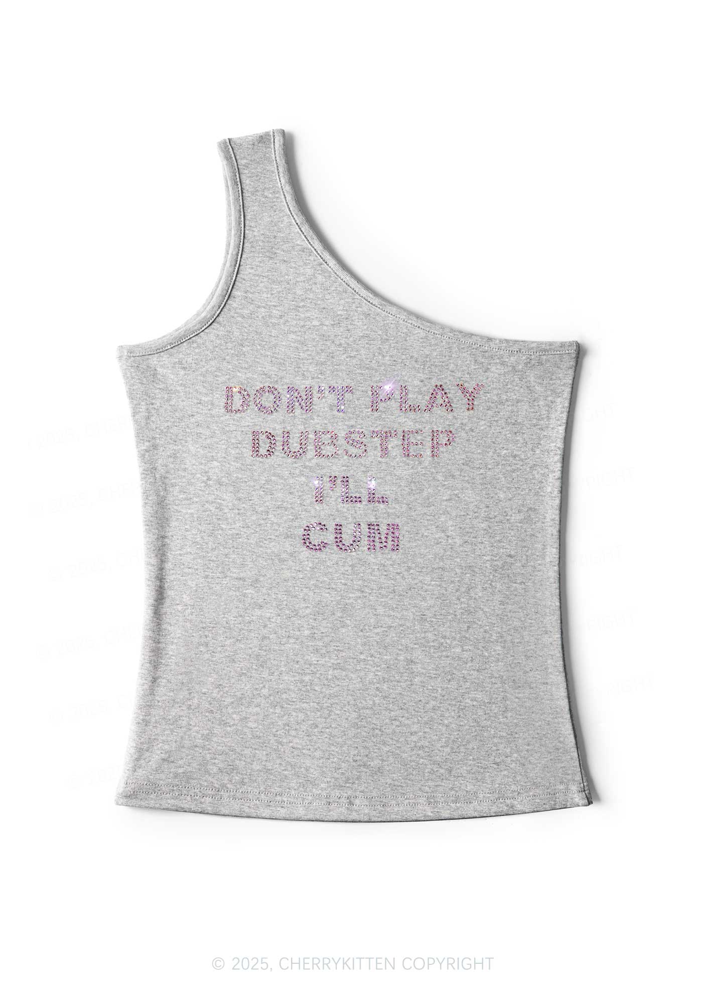 Rhinestone Dont Play Dubstep Y2K One Shoulder Tank Top Cherrykitten - Image 5