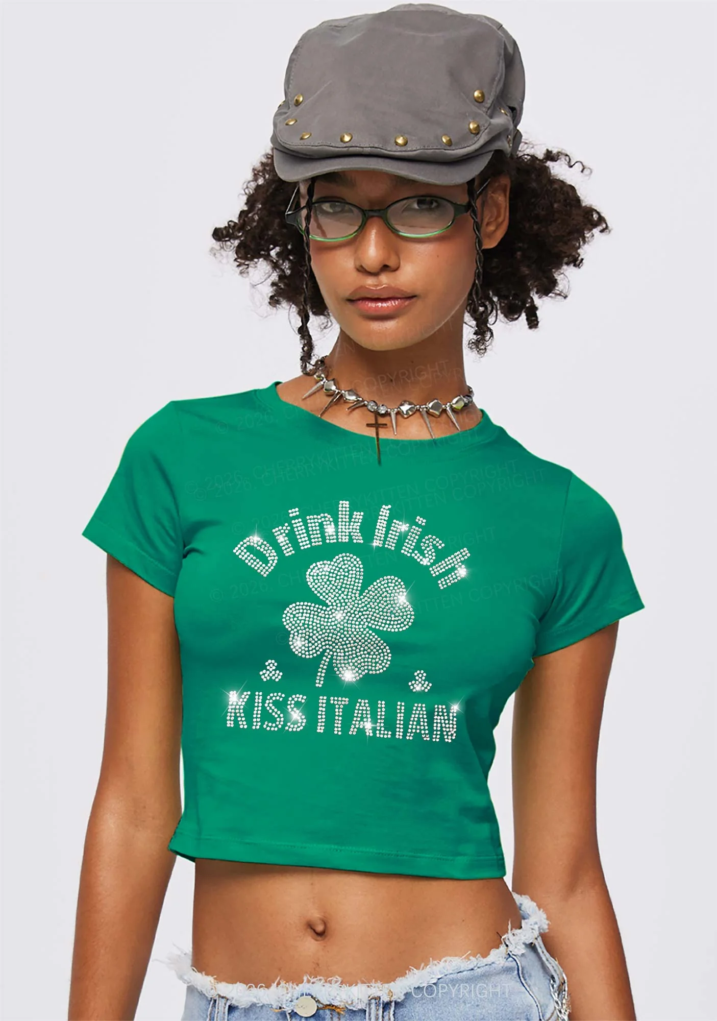 Rhinestone Drink Irish Kiss Italian St Patricks Y2K Baby Tee Cherrykitten - Image 2