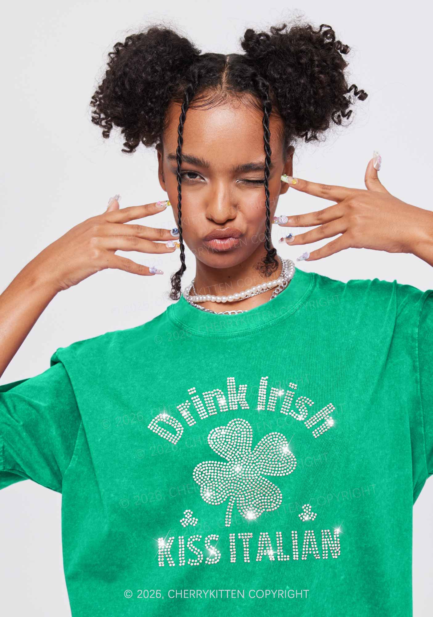 Rhinestone Drink Irish Kiss Italian St Patricks Y2K Shirts Washed Tee Cherrykitten - Image 2