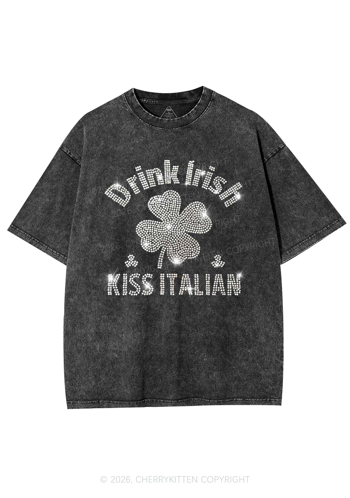 Rhinestone Drink Irish Kiss Italian St Patricks Y2K Shirts Washed Tee Cherrykitten - Image 3