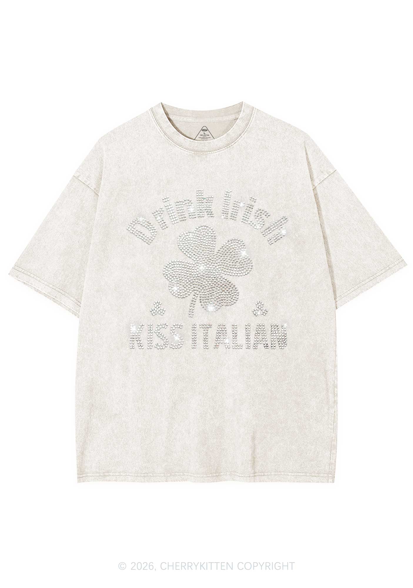 Rhinestone Drink Irish Kiss Italian St Patricks Y2K Shirts Washed Tee Cherrykitten - Image 4