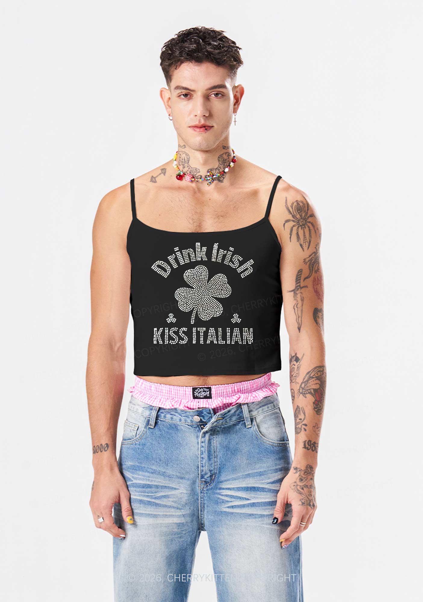 Rhinestone Drink Irish Kiss Italian St Patricks Y2K Spaghetti Strap Cami Cherrykitten - Image 2