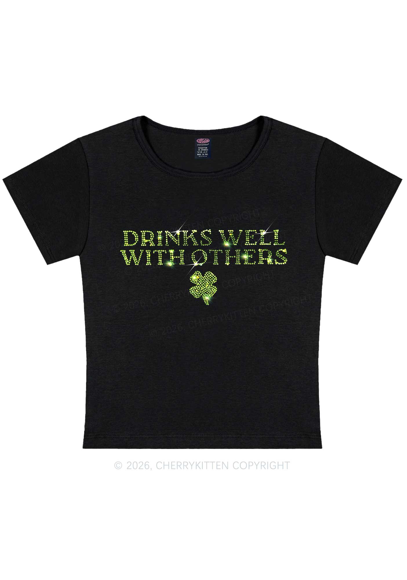 Rhinestone Drinks Well With Others St Patricks Y2K Baby Tee Cherrykitten - Image 3