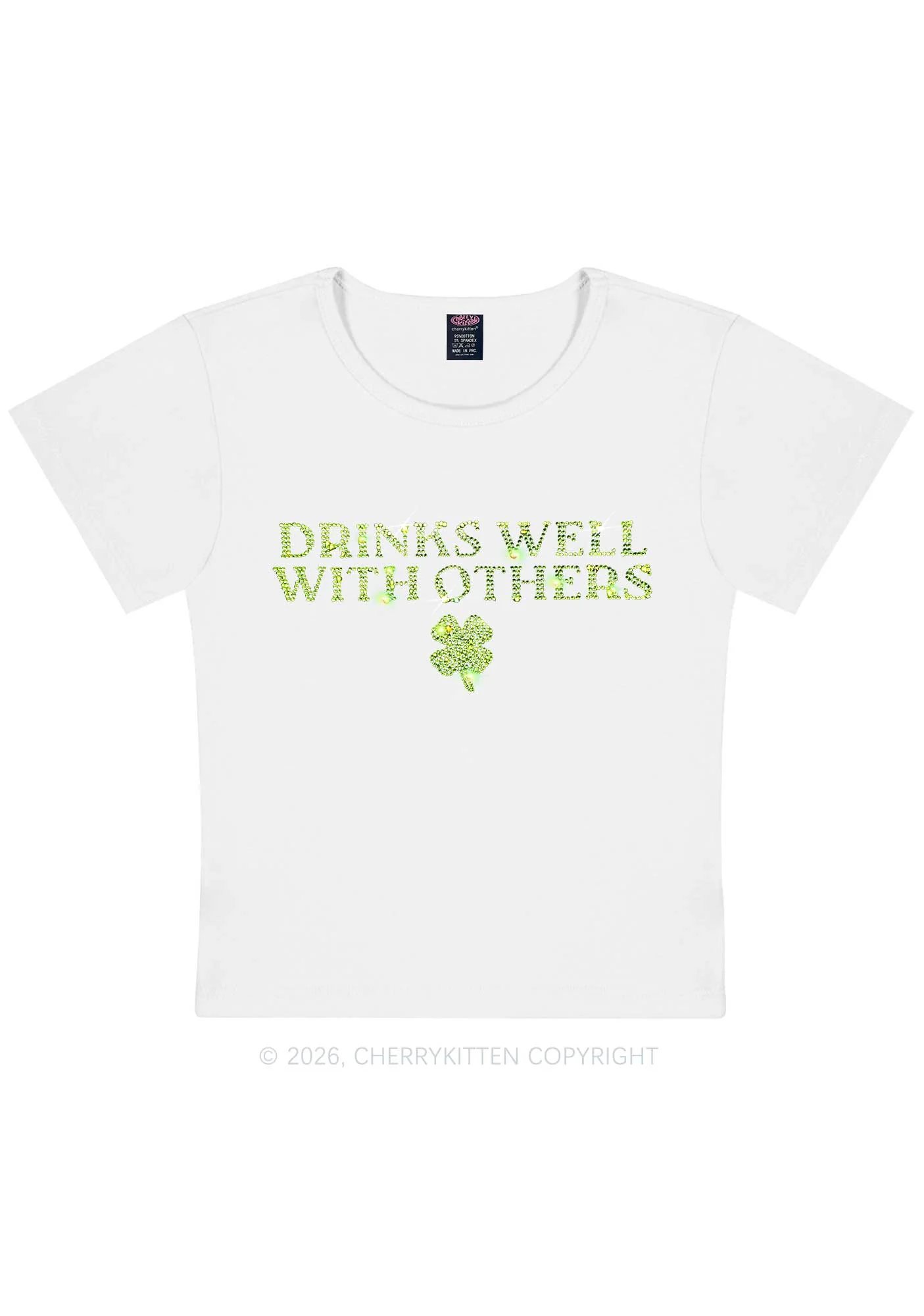 Rhinestone Drinks Well With Others St Patricks Y2K Baby Tee Cherrykitten - Image 4