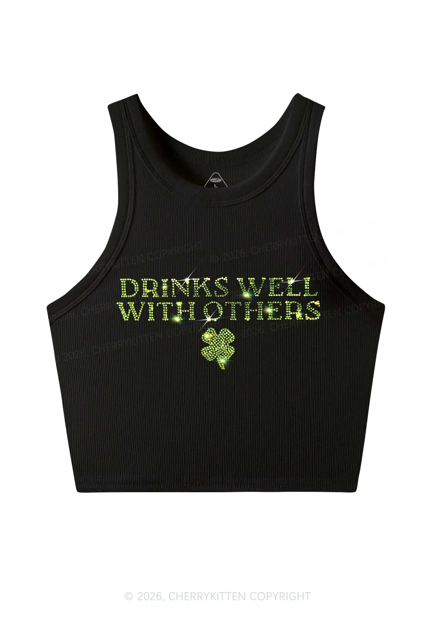 Rhinestone Drinks Well With Others St Patricks Y2K Crop Tank Top Cherrykitten - Image 3